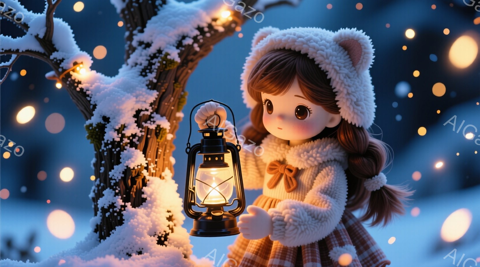 雪景色の中で提灯を持っている女の子が描かれています。彼女は、茶色の髪を二つに結び、白いふわふわした帽子とセーター、チェック柄のスカートを着ています。背景には、雪で覆われた木々があり、夜空にはぼんやりと - AI生成フリー素材