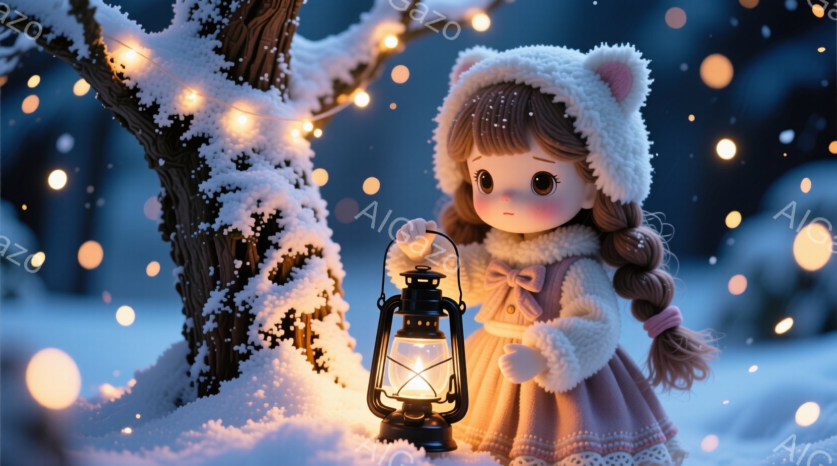 雪景色の中で、可愛らしい少女がランタンを手に立っています。ふわふわの毛皮の帽子と、ピンク色の暖かいコートを着ており、三つ編みの髪が肩から伸びています。背景には雪で覆われた木々と、ぼんやりとした光のぼや - AI生成フリー素材