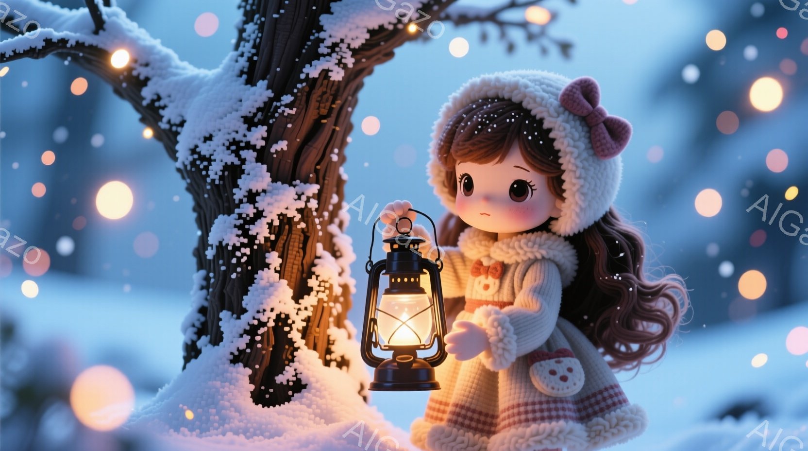 茶色の巻き毛にピンクのリボンをつけた少女が、白いニット帽とマフラー、ピンクと白のボーダーのセーター、そしてフリル付きのコートを着ています。彼女は片手に提灯を持ち、少し不安そうな表情で立っています。背景には雪が積もった木々と、ぼやけた光のぼんやりとした点々があり、静かで幻想的な冬の雰囲気を醸し出しています。