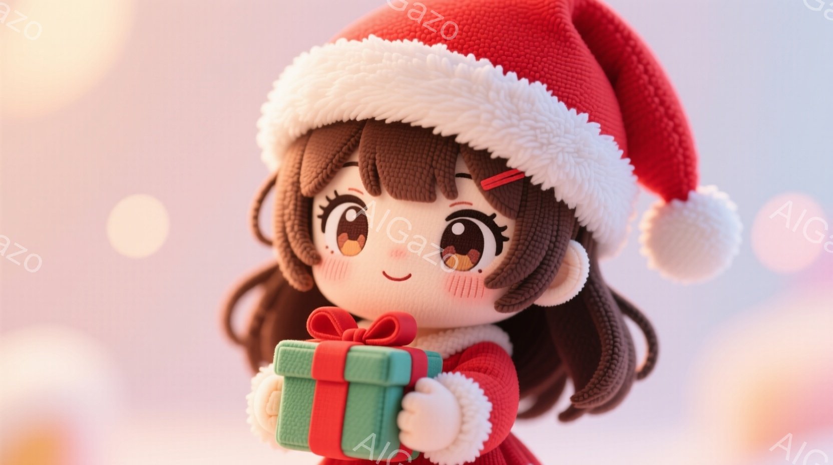 茶色の巻き毛の少女が赤いサンタ帽をかぶり、赤いセーターを着ています。彼女は緑色のリボンが付いた小さなプレゼントを両手で抱え、明るい笑顔で正面を見ています。背景はぼやけた淡い色合いで、暖かく幸せなクリスマスの雰囲気が漂っています。