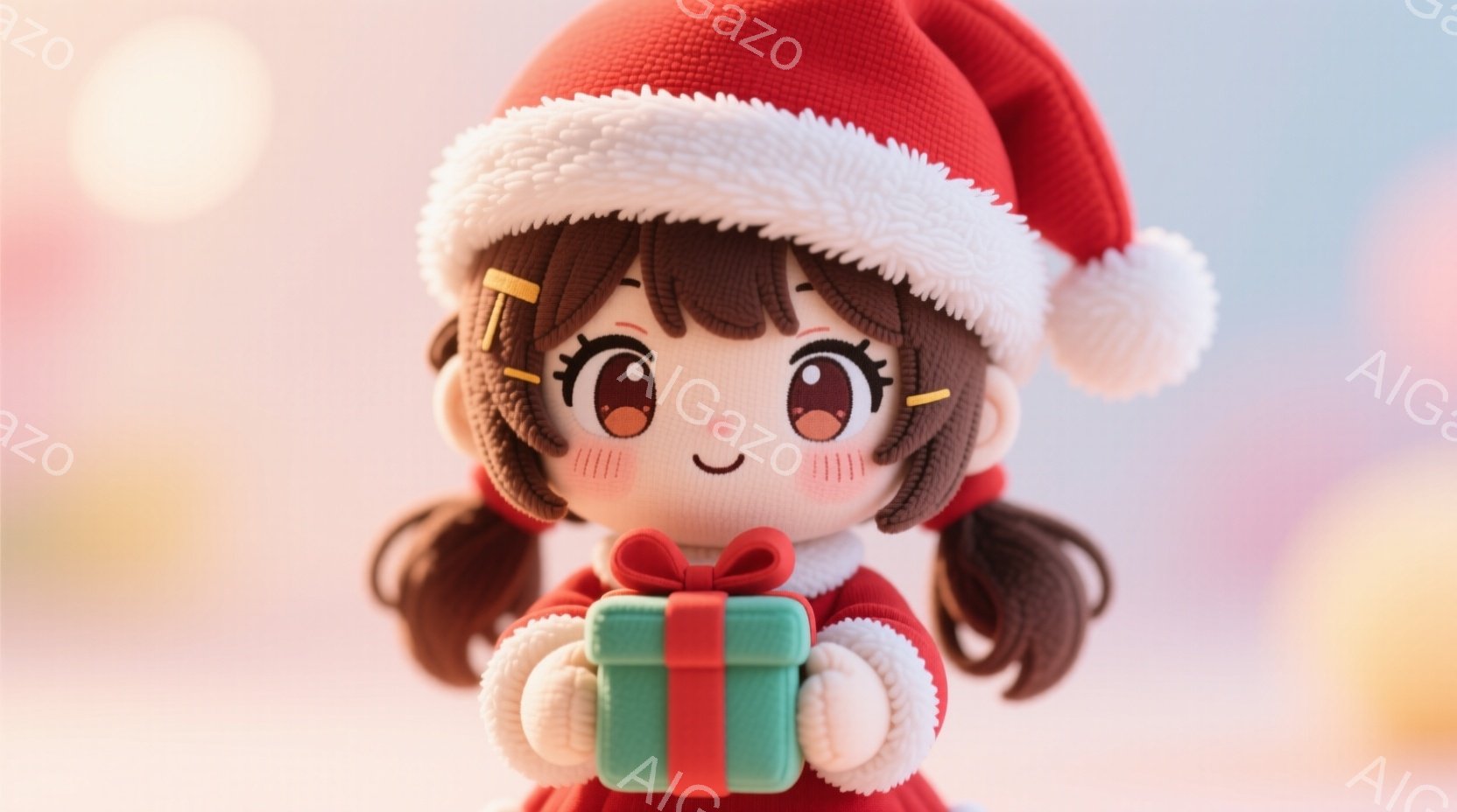茶色の髪を二つに結んだ少女が、赤いサンタの帽子をかぶって、緑色のプレゼントを両手で抱えています。彼女は大きな目で微笑み、可愛らしい表情をしています。背景はぼやけた暖色系の色合いで、お祝いの雰囲気を醸し - AI生成フリー素材