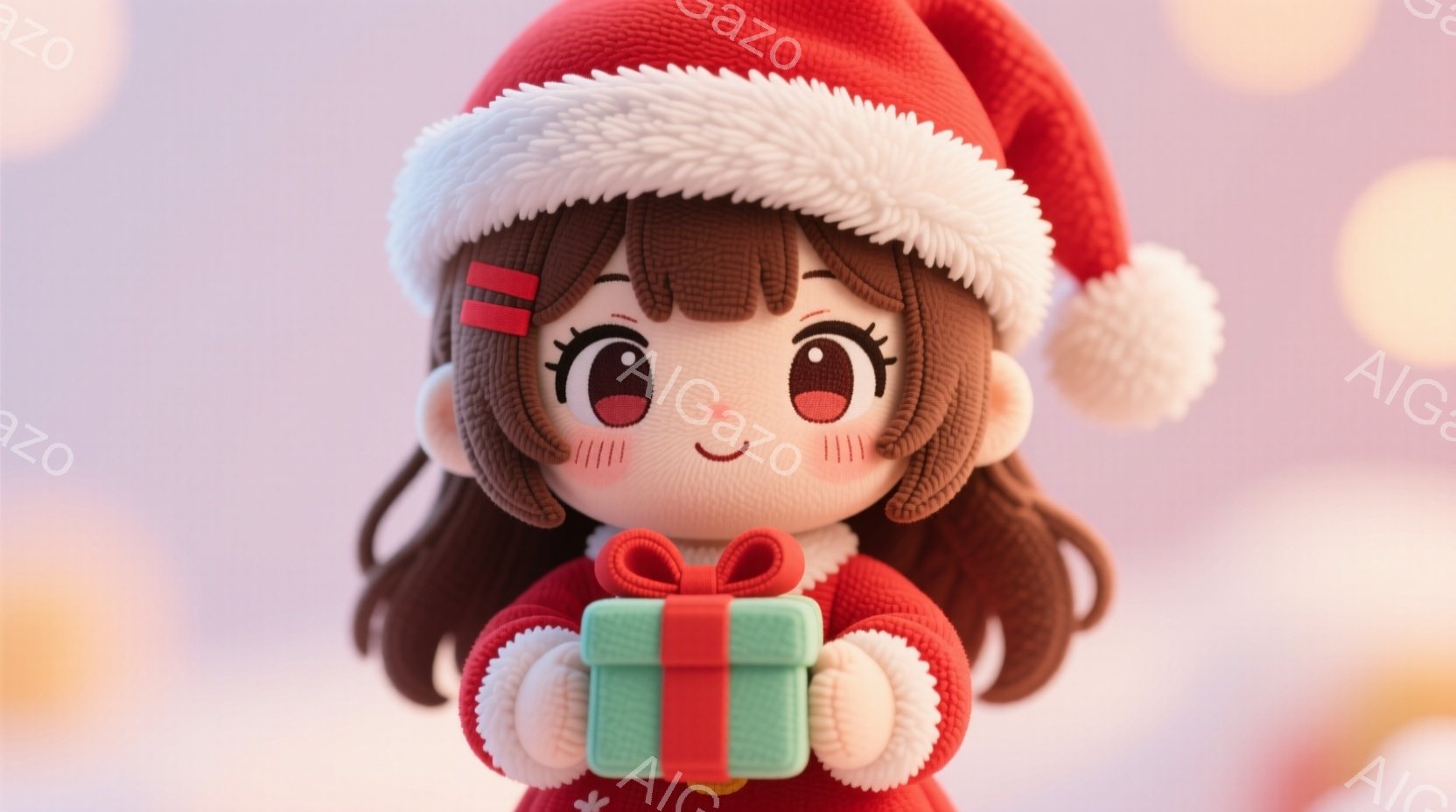 茶色の巻き毛の髪に赤いサンタ帽をかぶった少女が、両手で緑色のリボンで結ばれたプレゼントの箱を持っています。 彼女は赤いセーターを着ており、頬は赤く染まっていて、幸せそうな笑顔を浮かべています。 背景はぼかしたオレンジと白の光で、温かく、お祝いムードに満ちています。