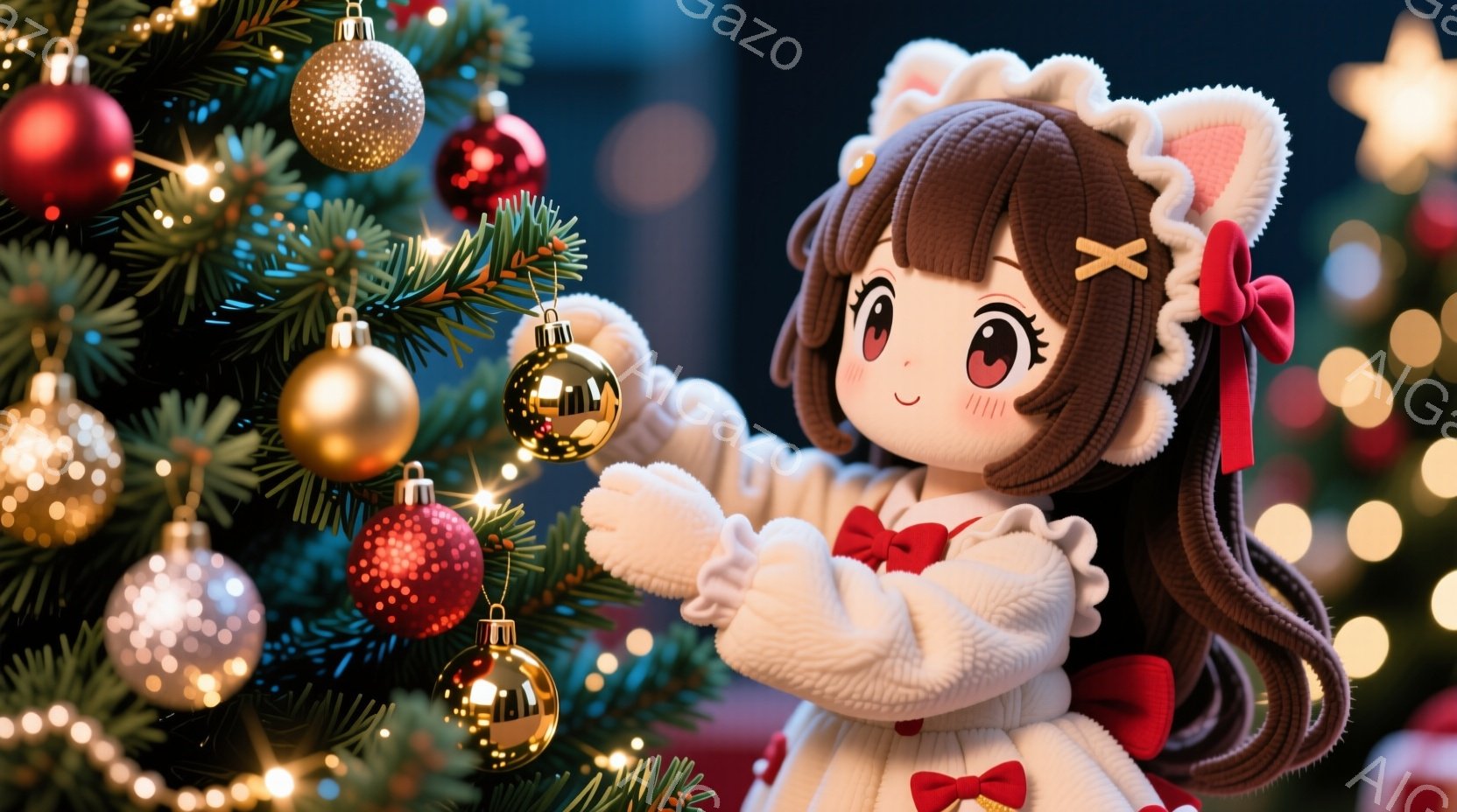 少女は、白いセーターと赤いリボンがアクセントのワンピースを着ており、茶色の巻き髪は可愛らしいツインテールに結ばれています。彼女はクリスマスツリーの前に立ち、片手を伸ばして輝くオーナメントに触れようとし - AI生成フリー素材