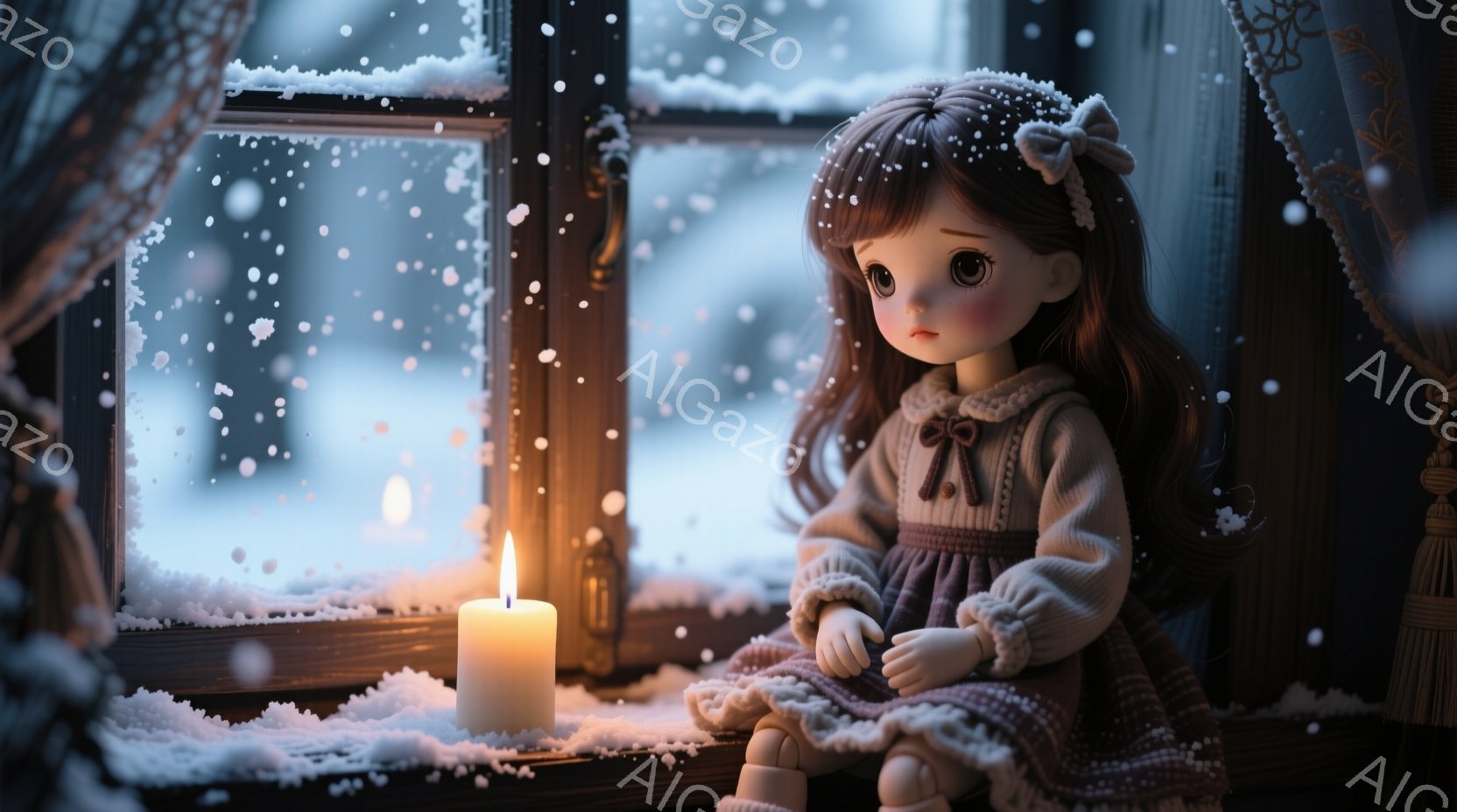 長い茶色の髪にリボンをつけた少女が、窓辺に座って外を眺めています。彼女はグレーのセーターとスカート姿で、少し憂いのある表情をしています。背景には雪が降り積もり、キャンドルの光が暖かく、静かで物憂げな冬の雰囲気を醸し出しています。