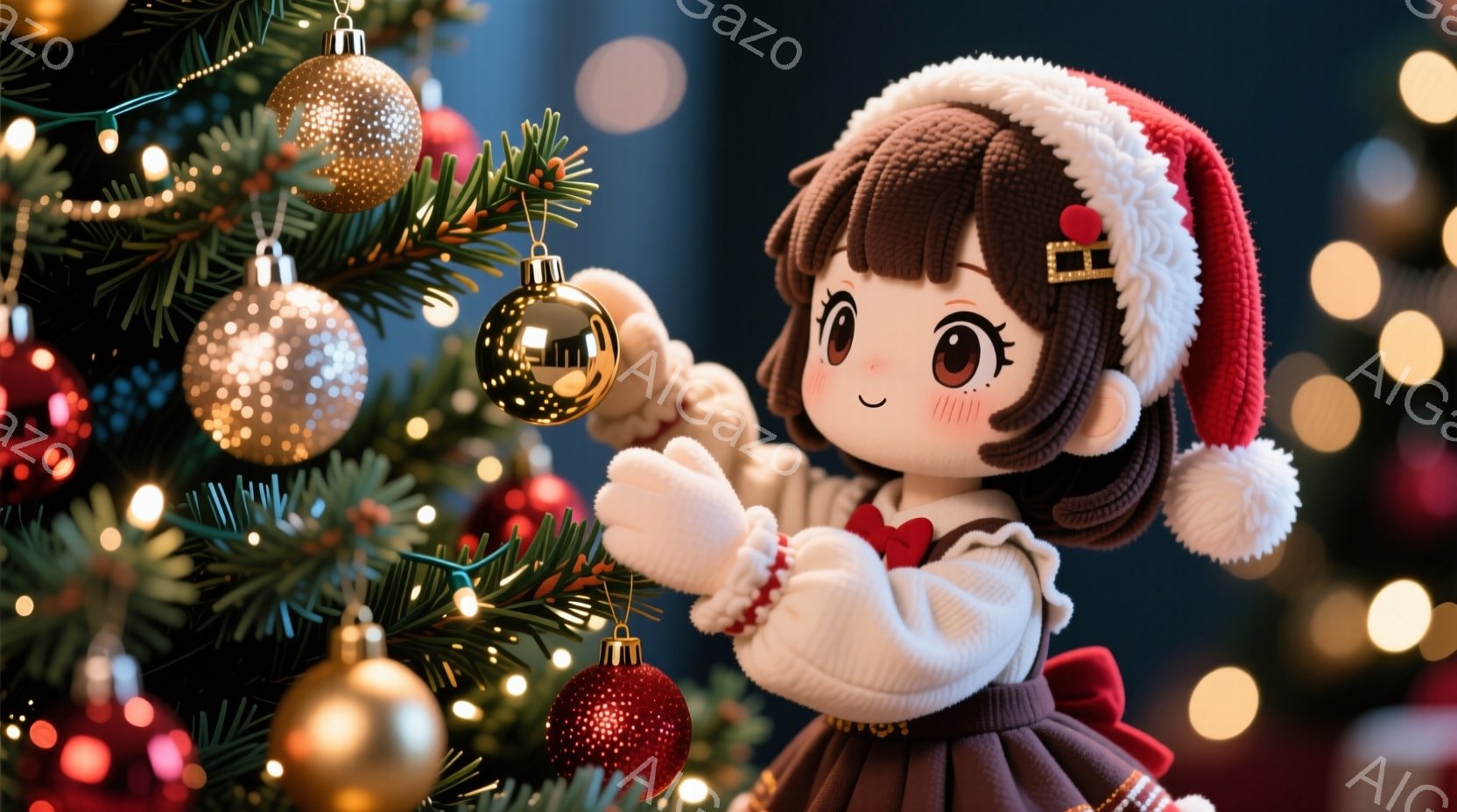 茶色の巻き毛に赤いサンタ帽をかぶった女の子が、クリスマスツリーの飾り付けをしている様子が描かれています。ピンクの頬と大きな瞳が可愛らしく、白いセーターと赤いスカートを着ています。背景にはぼやけたクリスマスツリーのライトが輝き、温かく幸せな雰囲気を醸し出しています。