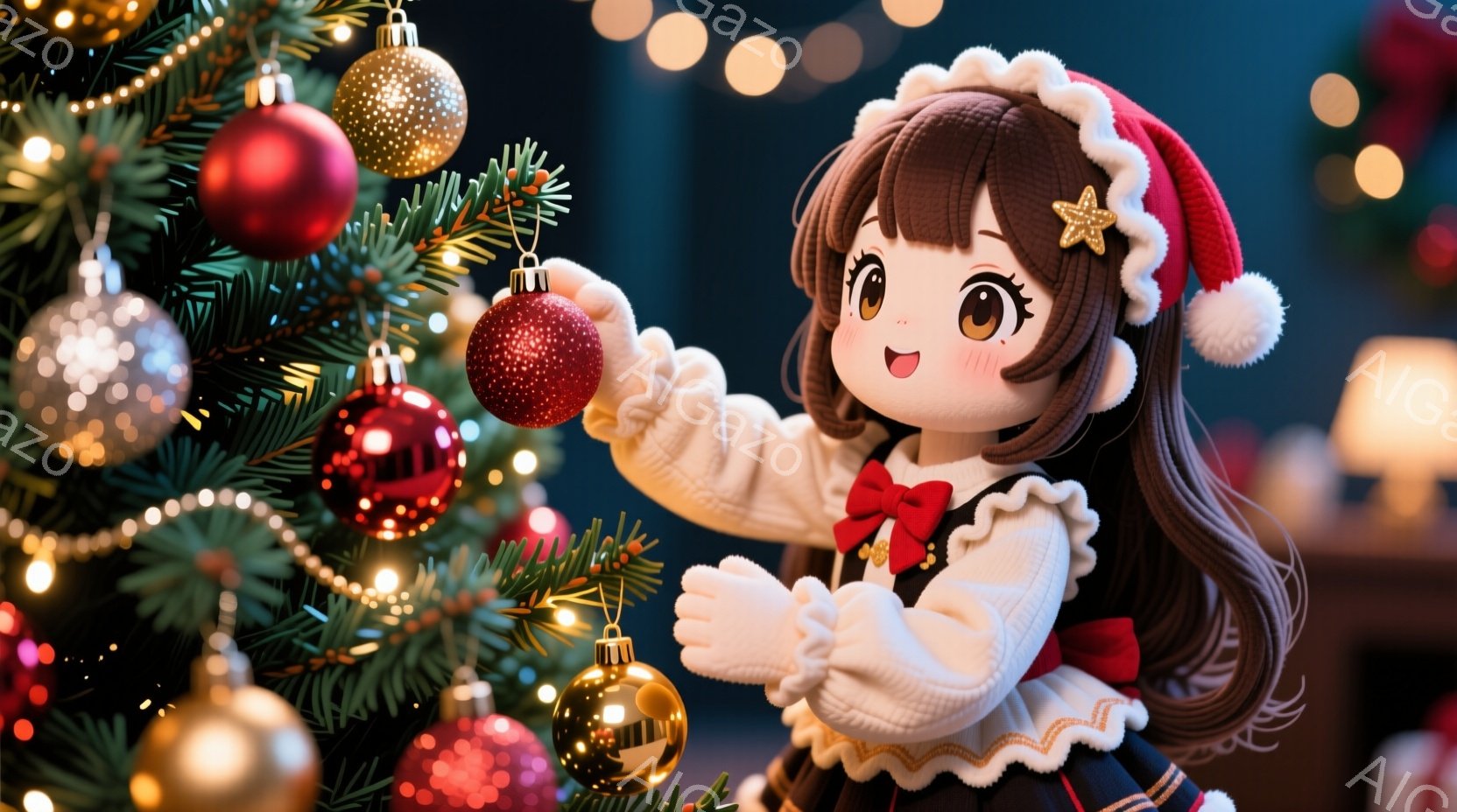 明るい赤色のクリスマスツリーを背景に、茶色の髪を長く伸ばした少女が描かれている。少女は白いセーターと赤いサンタ帽をかぶり、赤いリボンで結んだ可愛らしい姿で、赤いオーナメントを手に持ってツリーに飾り付けようとしている。背景にはぼやけた光のぼんやりとした輝きがあり、全体的に暖かく、お祝いの雰囲気を感じさせる。