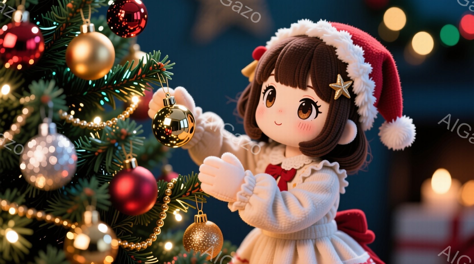 クリスマスツリーの飾り付けをする可愛らしい女の子が描かれています。彼女は白いセーターと赤いドレスを着ており、頭にはポンポン付きのサンタの帽子をかぶっています。背景にはぼやけたクリスマスツリーの飾りと光があり、暖かく、お祝いの雰囲気を醸し出しています。