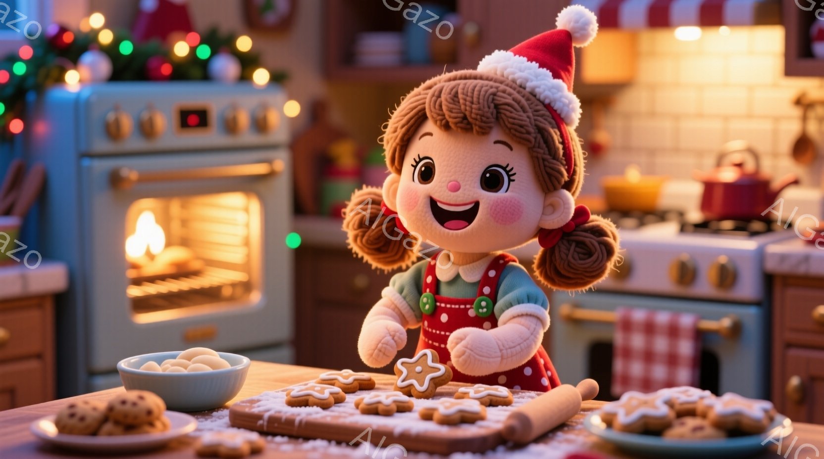 茶髪を二つの小さな三つ編みにした少女が、赤いサンタ帽をかぶって、キッチンでクッキーを作っています。彼女はエプロンを着て、満面の笑みを浮かべながら、星形のクッキーを手に持っています。背景には、オーブンの明かりが暖かく、赤と白のチェック柄の布巾や、様々なクッキーが並べられており、クリスマスの温かい雰囲気が漂っています。