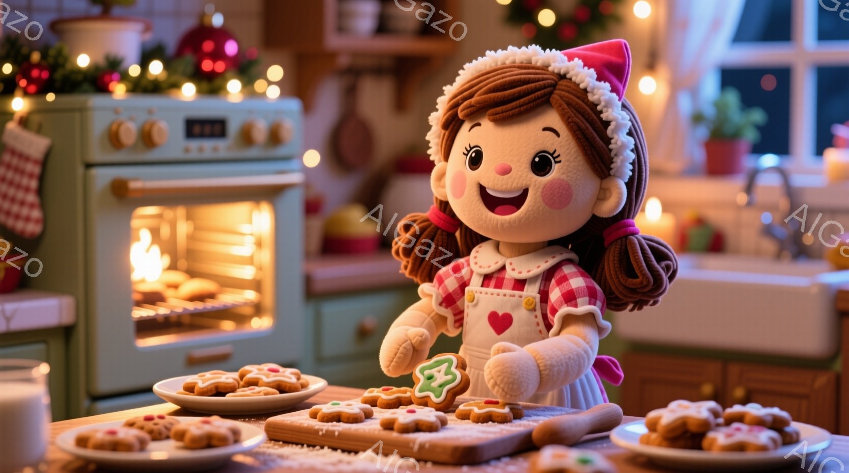 明るいキッチンで、赤い帽子をかぶった女の子がクッキーを作っています。彼女はピンクと白のストライプのエプロンを着て、頬を赤らめ、笑顔でクッキーにアイシングを塗っています。背景にはオーブンやクリスマスデコレーションが見え、暖かく、お祝いの雰囲気が漂っています。