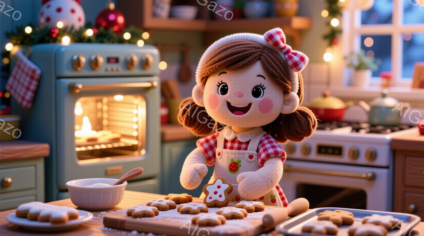可愛らしい人形がキッチンでクッキーをデコレーションしています。赤茶色の巻き毛に赤いチェック柄のエプロンを身につけ、満面の笑みを浮かべています。背景には、温かい光を放つオーブンや、クリスマスの飾り付けがされたキッチンが見え、全体的に暖かく幸せな雰囲気が漂っています。