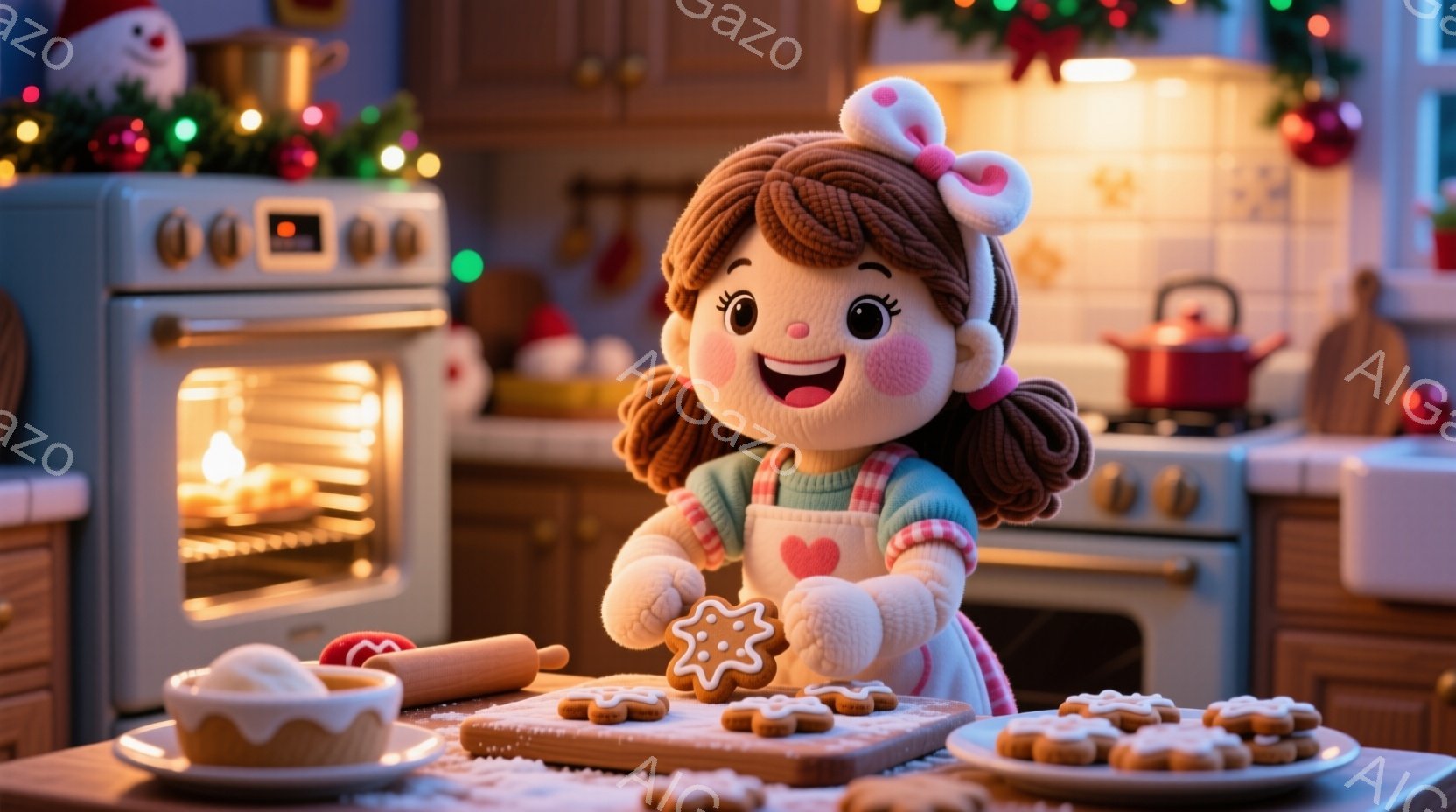 明るいキッチンで、赤い髪をリボンで結んだ女の子がクッキーを作っています。彼女はピンク色のストライプのシャツとエプロンを着ており、満面の笑みを浮かべています。背景にはオーブンやクリスマス装飾があり、温かく、お祝いの雰囲気です。