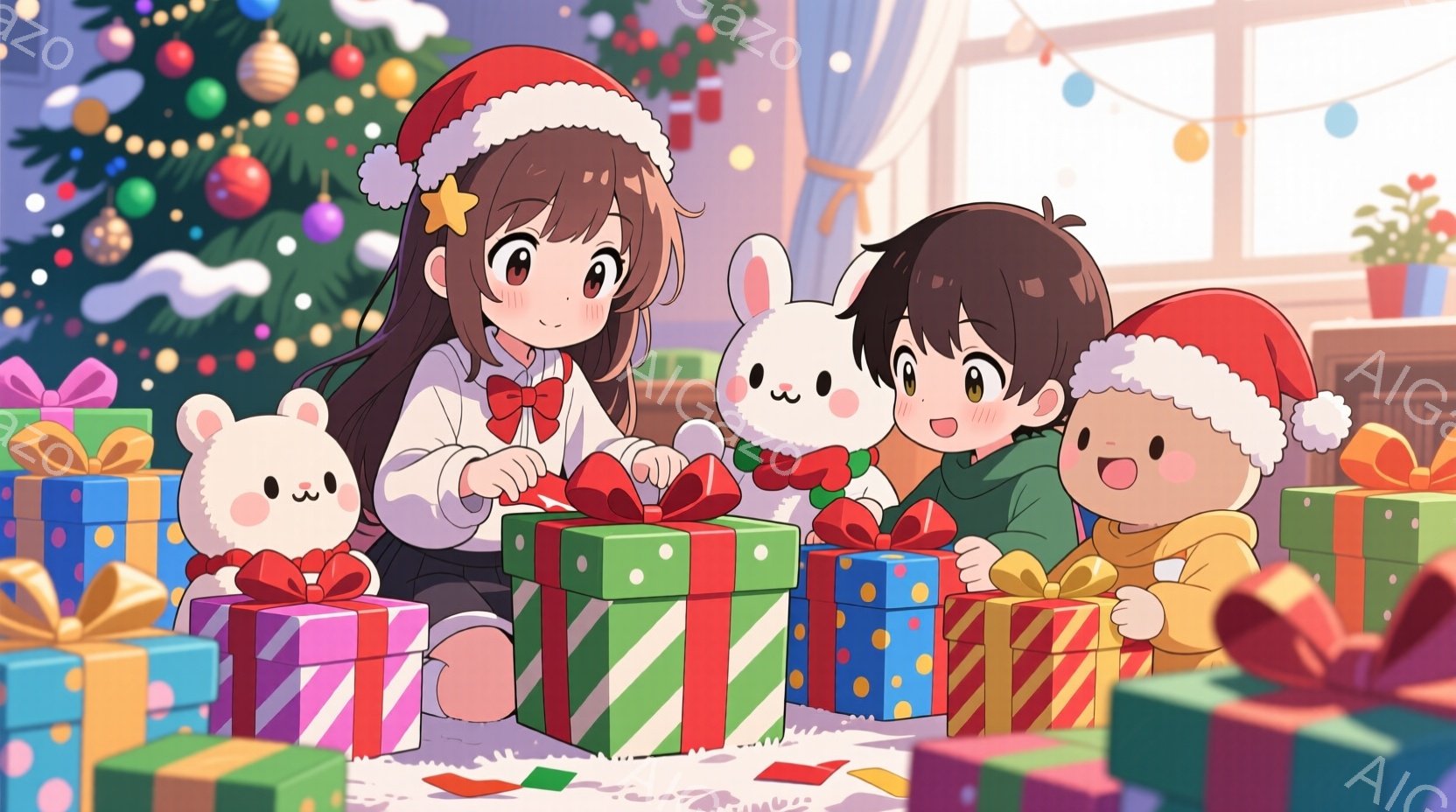 クリスマスツリーを背景に、赤いサンタの帽子をかぶった少女と幼い男の子たちがプレゼントのラッピングを楽しんでいます。少女は茶色の長い髪をサイドでまとめ、赤いリボンをつけており、笑顔でプレゼントにリボンを結んでいます。男の子たちは、それぞれ白いウサギの着ぐるみのようなものを着ており、ラッピングされたカラフルなプレゼントに囲まれて、嬉しそうにしています。
