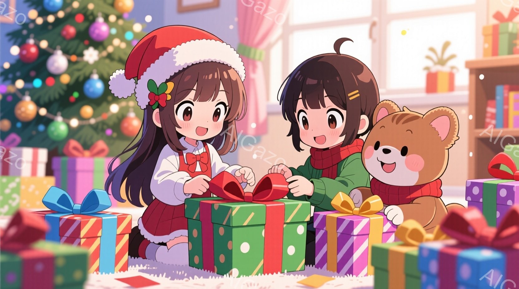 2人の女の子とテディベアが、色とりどりのプレゼントボックスに囲まれてクリスマスを楽しんでいます。片方の女の子は赤いサンタ帽子をかぶり、白いフリル付きのワンピースを着て、プレゼントのリボンを結んでいます。もう一人の女の子は緑のセーターを着ており、テディベアは赤いマフラーを巻いて笑顔でその様子を見守っています。