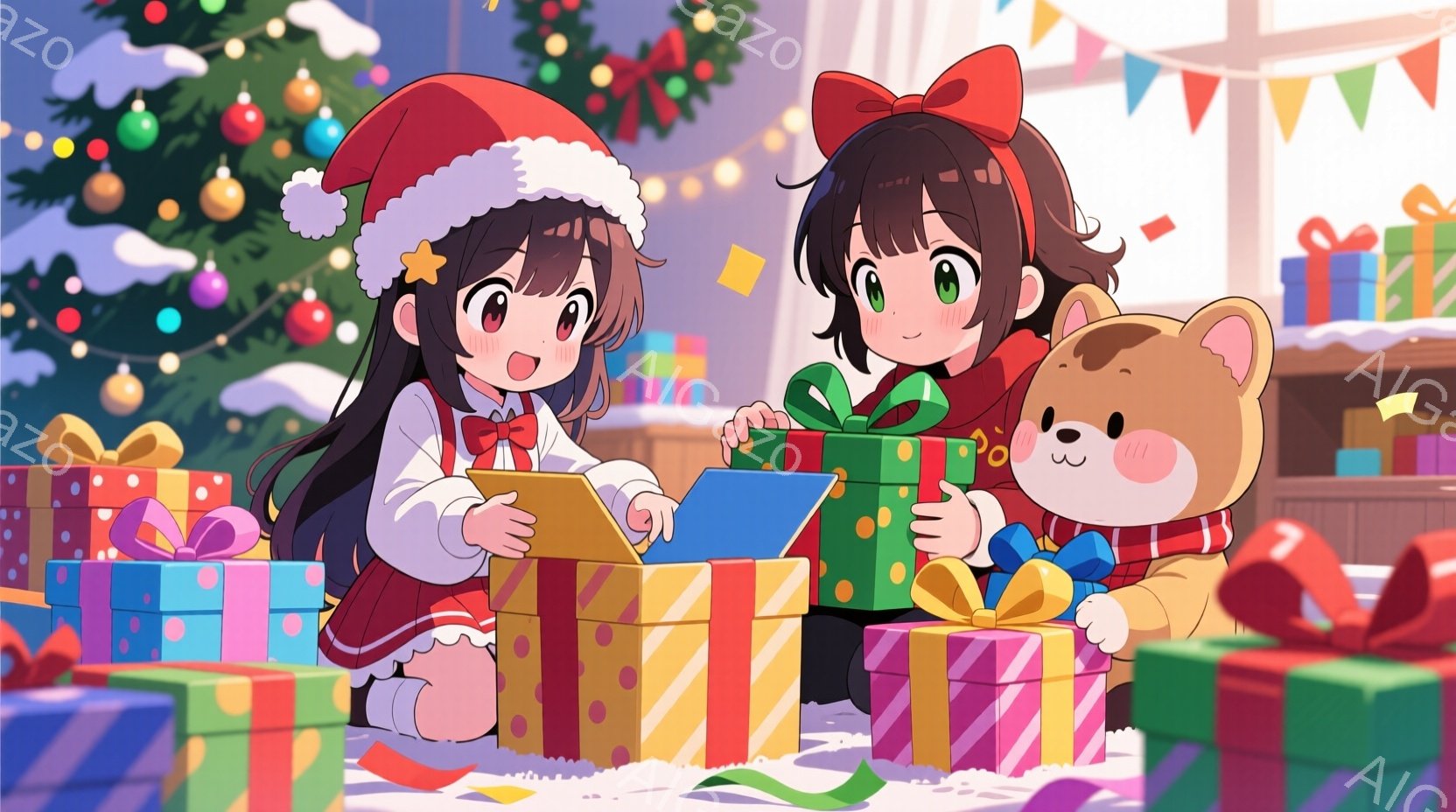 2人の女の子がクリスマスツリーの周りのプレゼントの山の中で座り、それぞれプレゼントを開けています。片方の女の子は赤いサンタ帽をかぶり、白いフリル付きの赤いワンピースを着ており、もう片方の女の子は赤いリ - AI生成フリー素材