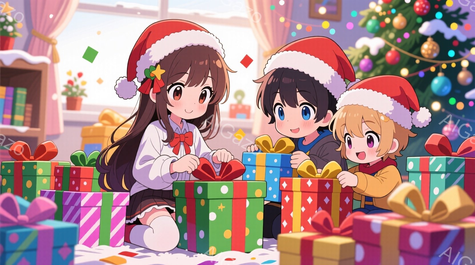 少女たちはクリスマスツリーの周りに座り、カラフルなプレゼントの箱を開けています。彼女たちは赤いサンタ帽をかぶり、笑顔で興奮した表情をしています。背景には、装飾されたクリスマスツリーや本棚があり、暖かくお祝いの雰囲気です。
