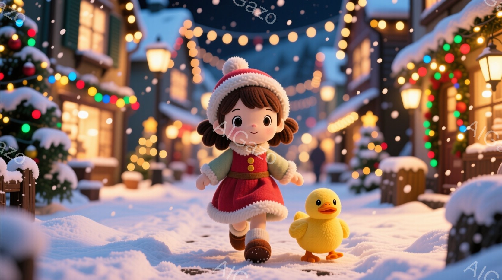 少女は赤いコートに白い縁取りがあり、ふわふわの帽子をかぶって雪の中を歩いています。彼女の髪は茶色で、顔には微笑みが浮かび、可愛らしい表情をしています。背景には、雪で覆われた建物と、きらめくクリスマスラ - AI生成フリー素材