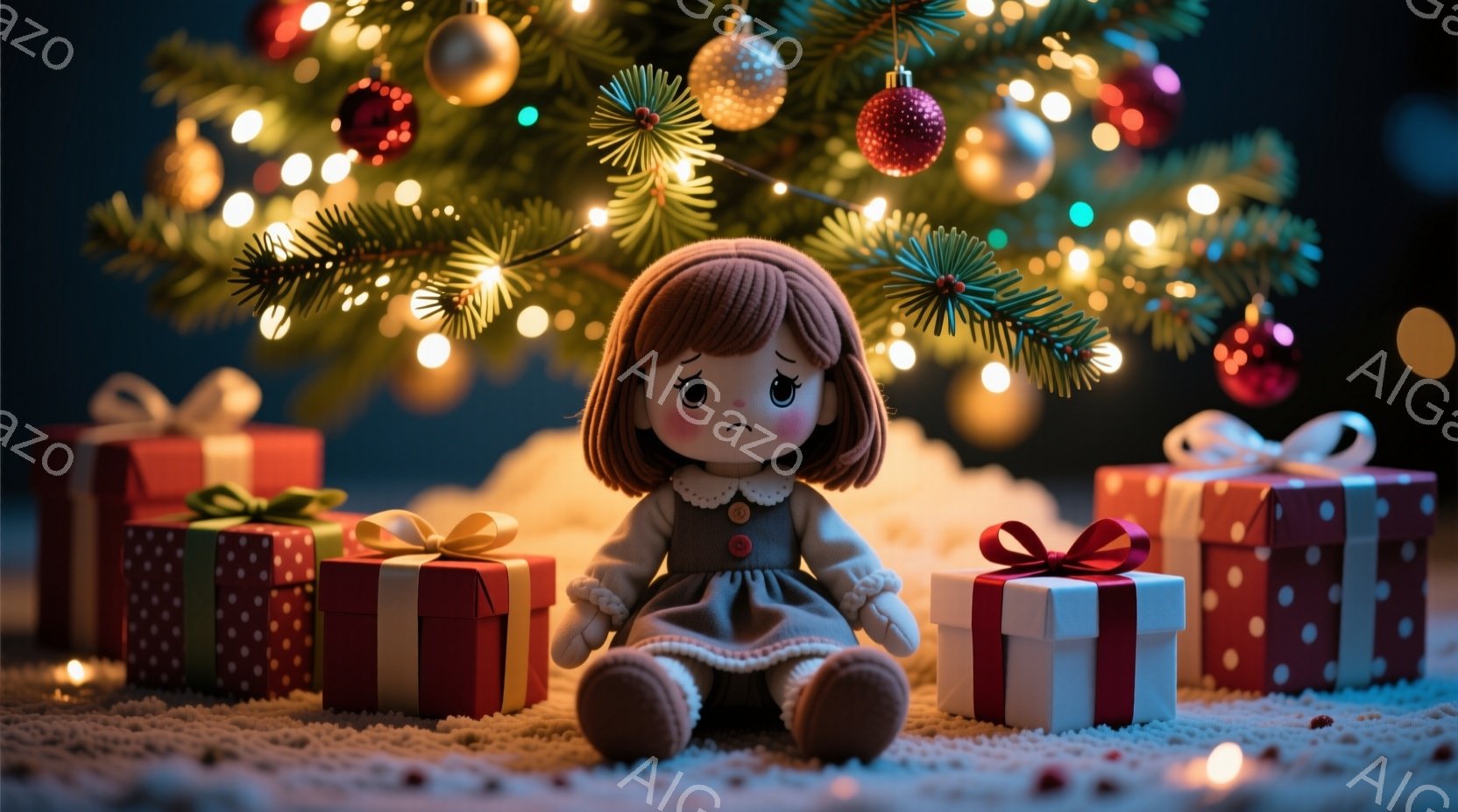 茶色の短い髪をした少女の人形が、灰色のワンピースを着て、白い敷物の上に座っています。人形は悲しそうな表情をしており、周囲には赤と緑のリボンで飾られたプレゼントの箱が置かれています。背景には、キラキラと光るクリスマスツリーのイルミネーションがぼんやりと見え、暖かく幻想的な雰囲気を醸し出しています。