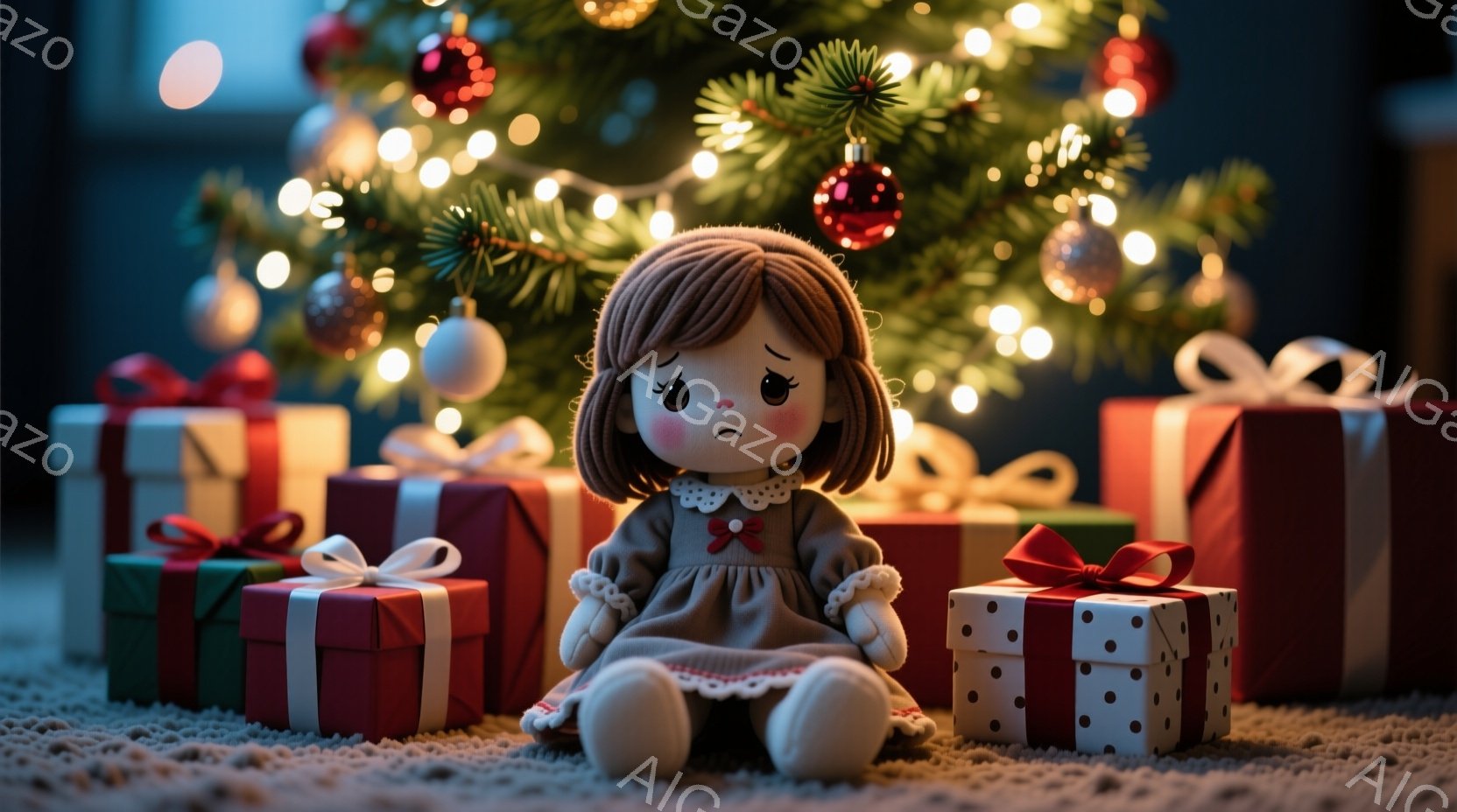 茶色の巻き毛の少女の人形が、灰色のドレスと赤いリボンで飾られています。彼女は床に座り、少し悲しそうな表情をしています。背景には、光るクリスマスツリーと、赤いリボンで結ばれたプレゼントの箱が並び、お祝いの雰囲気を醸し出しています。