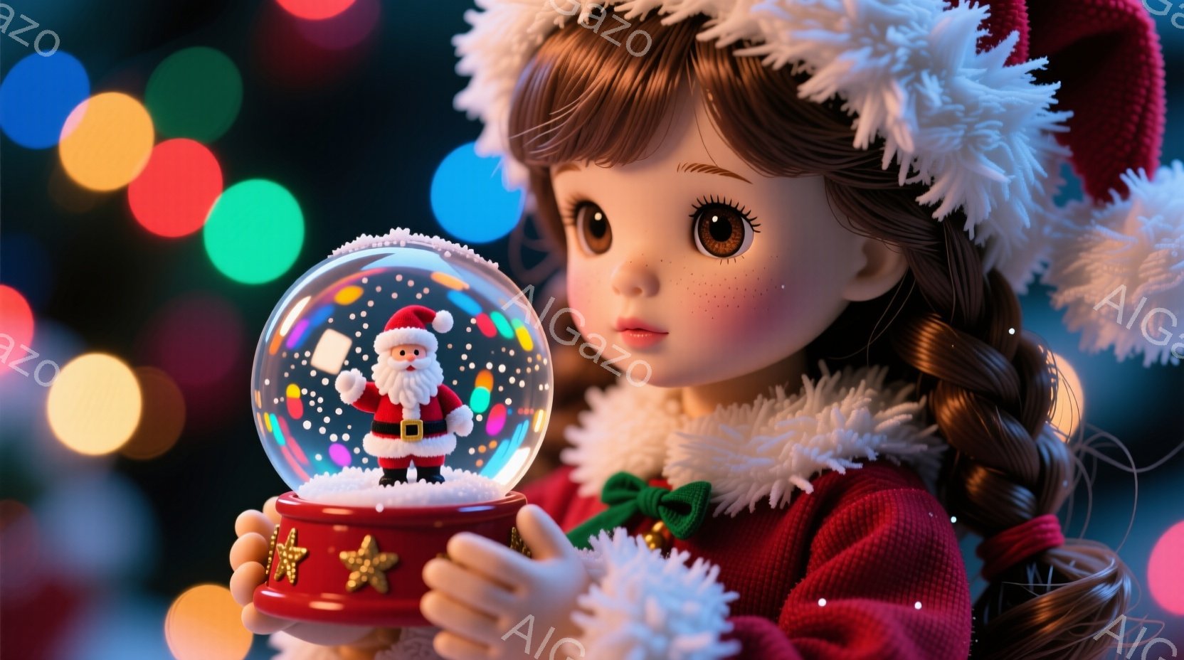 明るい赤色のニットセーターとファーのトリミングが付いたジャケットを着た若い女性が、雪の結晶が舞う中でサンタクロースのフィギュアが入ったガラス製のスノーグローブを持っています。彼女は明るい茶色の髪をツインテールにし、つぶらな瞳とほのかな笑顔で可愛らしさを演出しています。背景には、ぼやけたカラフルな光の玉が散りばめられ、クリスマスの暖かく幻想的な雰囲気を醸し出しています。
