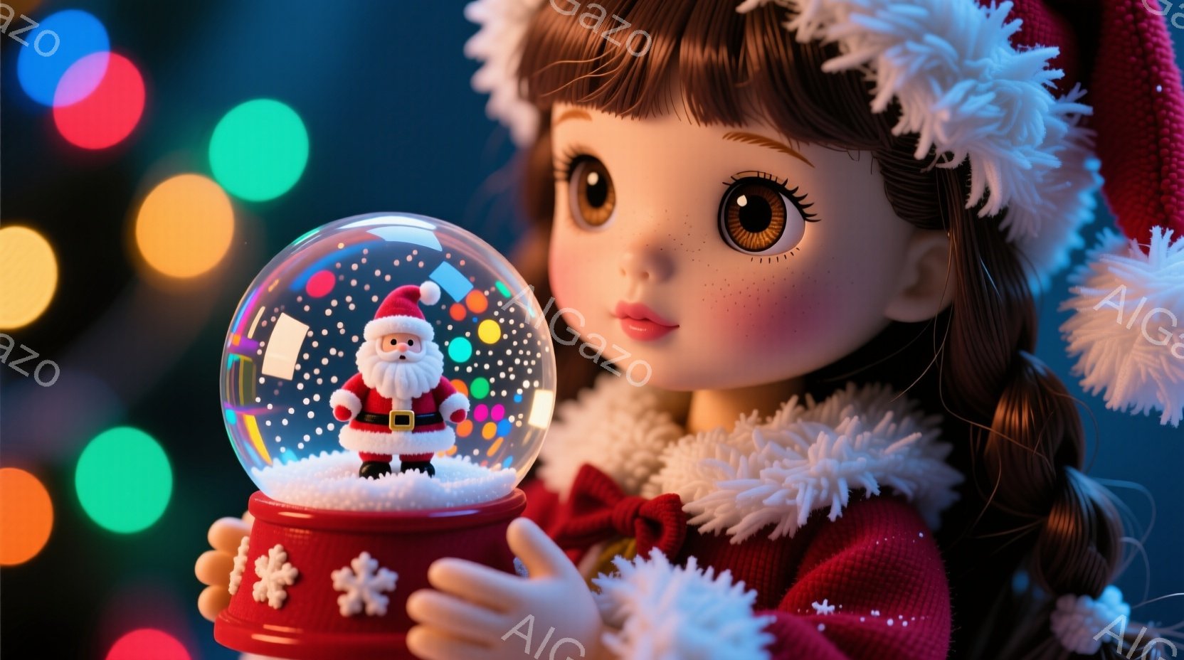 茶色の巻き髪に赤い帽子を被った少女が、雪の結晶模様が施された赤い台座に乗った雪だるまが入ったスノーグローブを持っている。彼女は赤いコートを着ており、顔にはわずかな微笑みが浮かんでいる。背景にはぼやけたカラフルな光が点在し、クリスマスの暖かく幻想的な雰囲気を醸し出している。