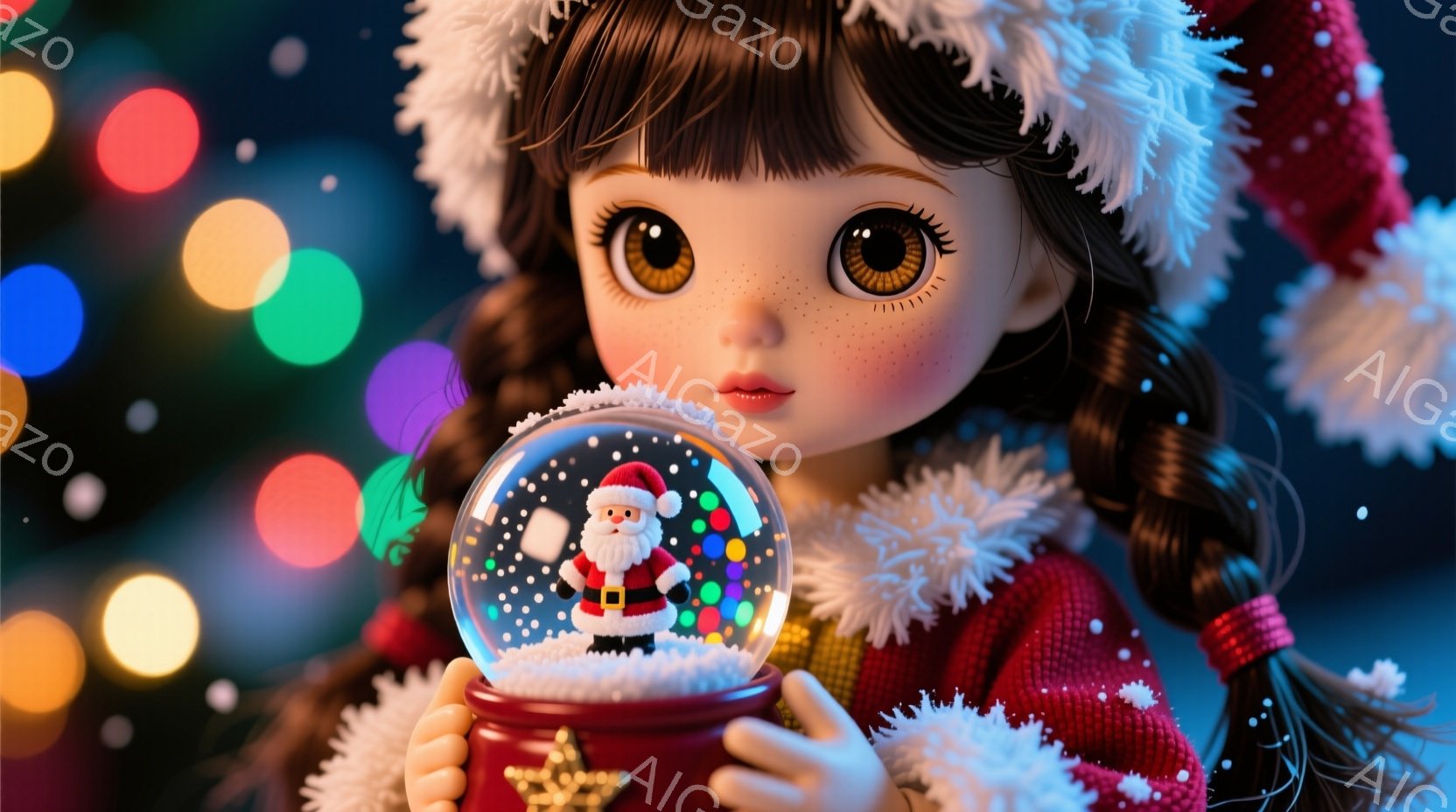 明るい背景の中で、茶色の巻き毛に赤い帽子をかぶった少女が、雪の結晶が舞うガラスの球を両手で大切そうに抱えています。彼女は大きな瞳とバラ色の頬をしており、穏やかな表情で雪の球を見つめています。背景にはぼやけた色の光があり、全体的に暖かく、お祝いの雰囲気を感じさせます。