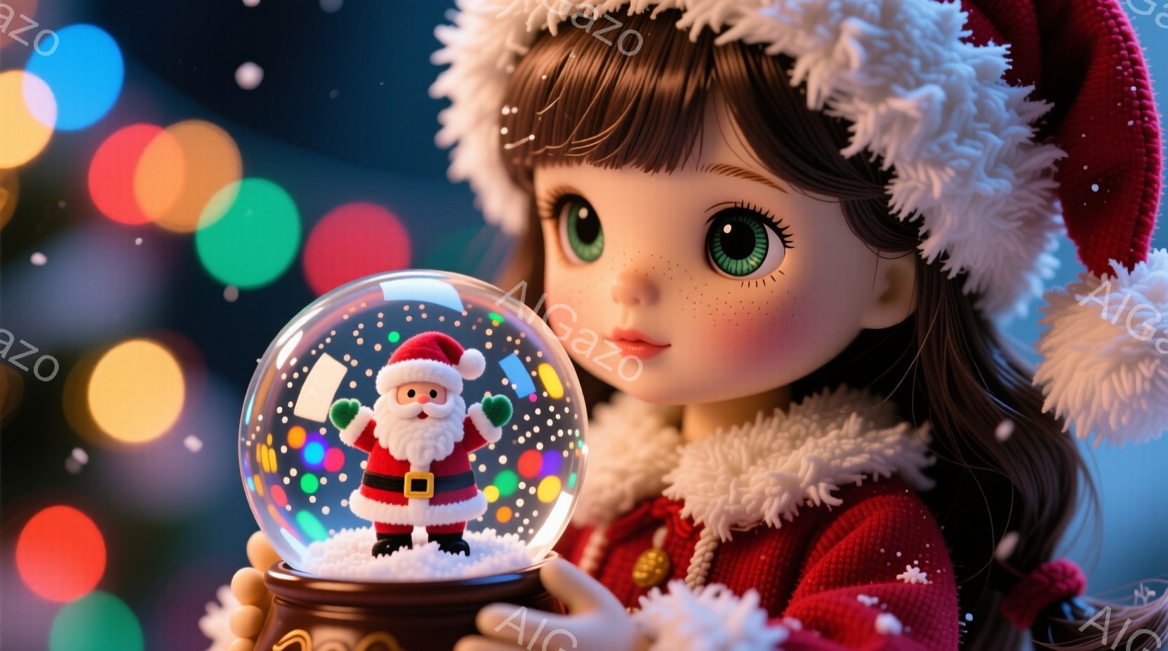 赤い帽子とセーターを着た少女が、中にサンタクロースの置物が入ったスノーグローブを持っている様子が描かれています。少女はそばかすがあり、大きな緑色の瞳で、わずかに微笑んでいます。背景には、ぼやけたカラフルな光のぼかしがあり、クリスマスの温かく幻想的な雰囲気を醸し出しています。