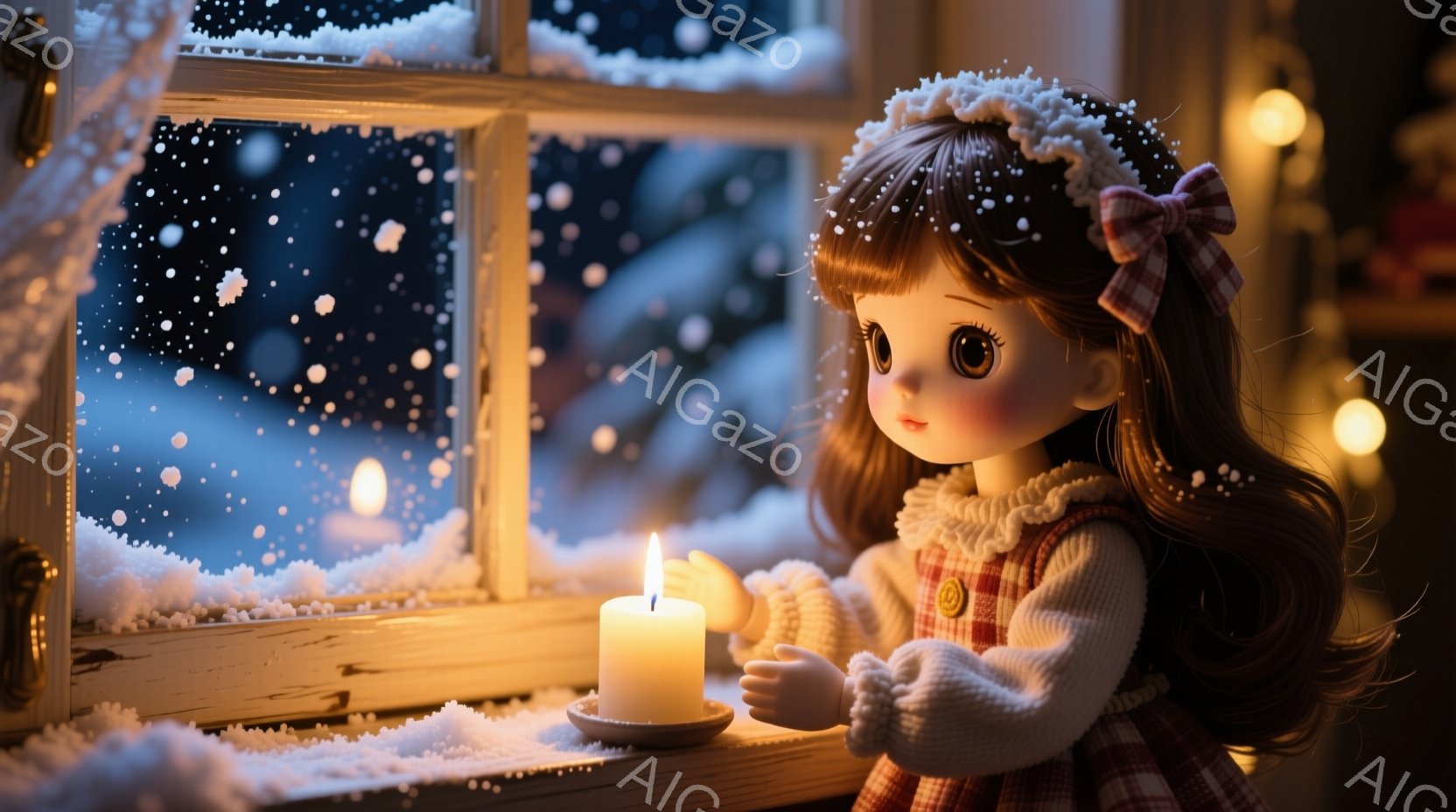 長い茶色の巻き毛にピンクのリボンをつけた少女が、窓辺でろうそくの光を見つめている。彼女は赤いチェック柄のワンピースに白いセーターを着ており、優しい表情を浮かべている。外は雪が降っており、夜の暗い風景が窓から見える、暖かく穏やかな雰囲気の写真である。