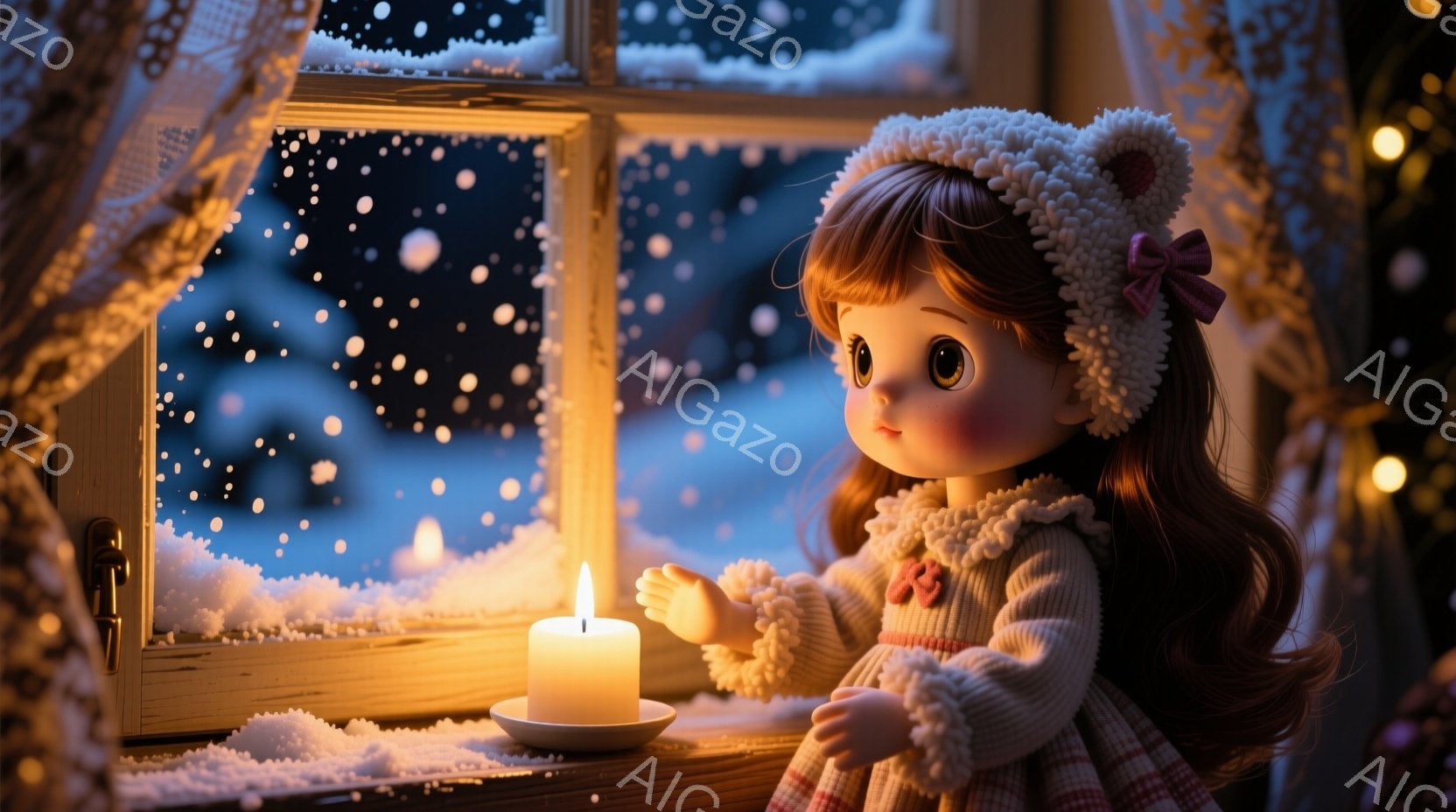 茶色の巻き毛にピンクのリボンが付いた帽子をかぶり、クリーム色のセーターと赤い格子柄のスカートを着た少女が描かれています。彼女は窓辺のテーブルに置かれた灯火を見つめ、やわらかい光が彼女の顔を照らしていま - AI生成フリー素材
