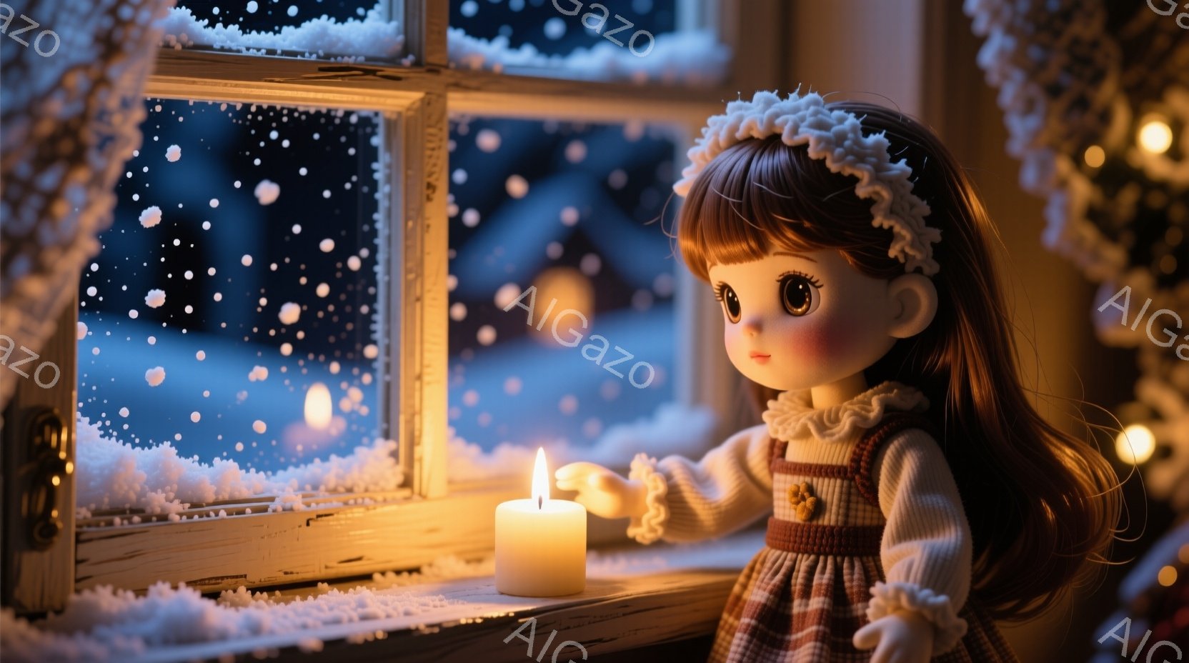 長い茶色の髪に白い花飾りをつけた少女の人形が、白いセーターと茶色のスカート姿で窓辺に立っている。外は雪が降り積もり、遠くにはぼんやりと建物が見える中、人形の隣には灯されたキャンドルが暖かく光っている。 - AI生成フリー素材