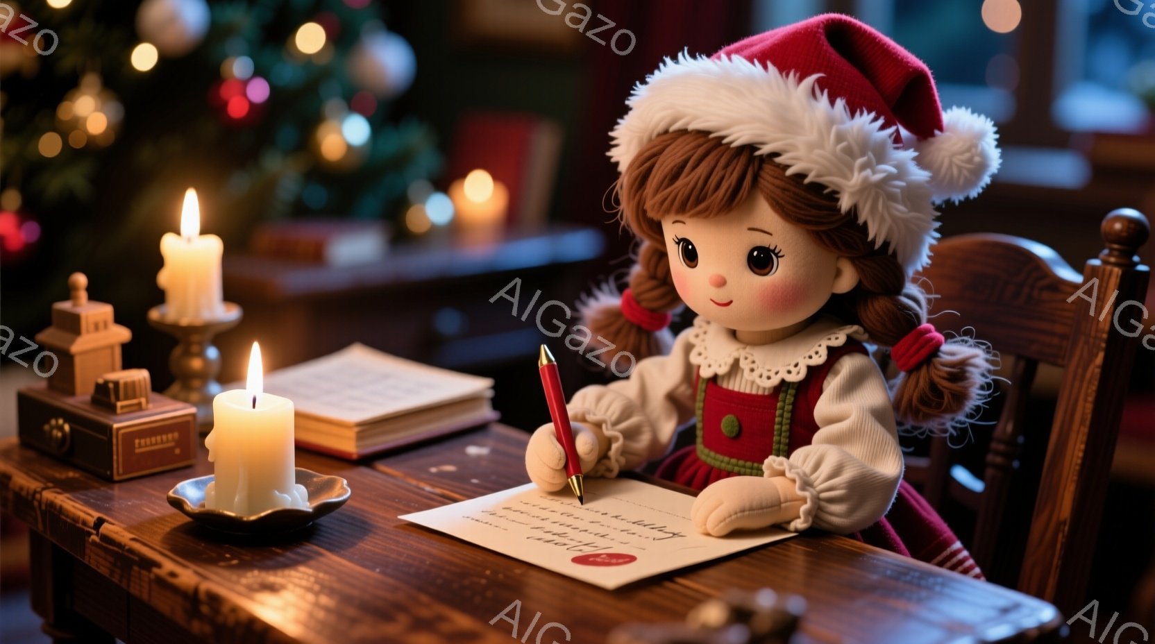 赤いサンタ帽をかぶった少女が、木製のテーブルで手紙を書いています。彼女は赤いドレスを着ており、髪は二つに結ばれてカールしています。背景にはクリスマスツリーやろうそくが置かれ、暖かく幻想的な雰囲気を醸し出しています。
