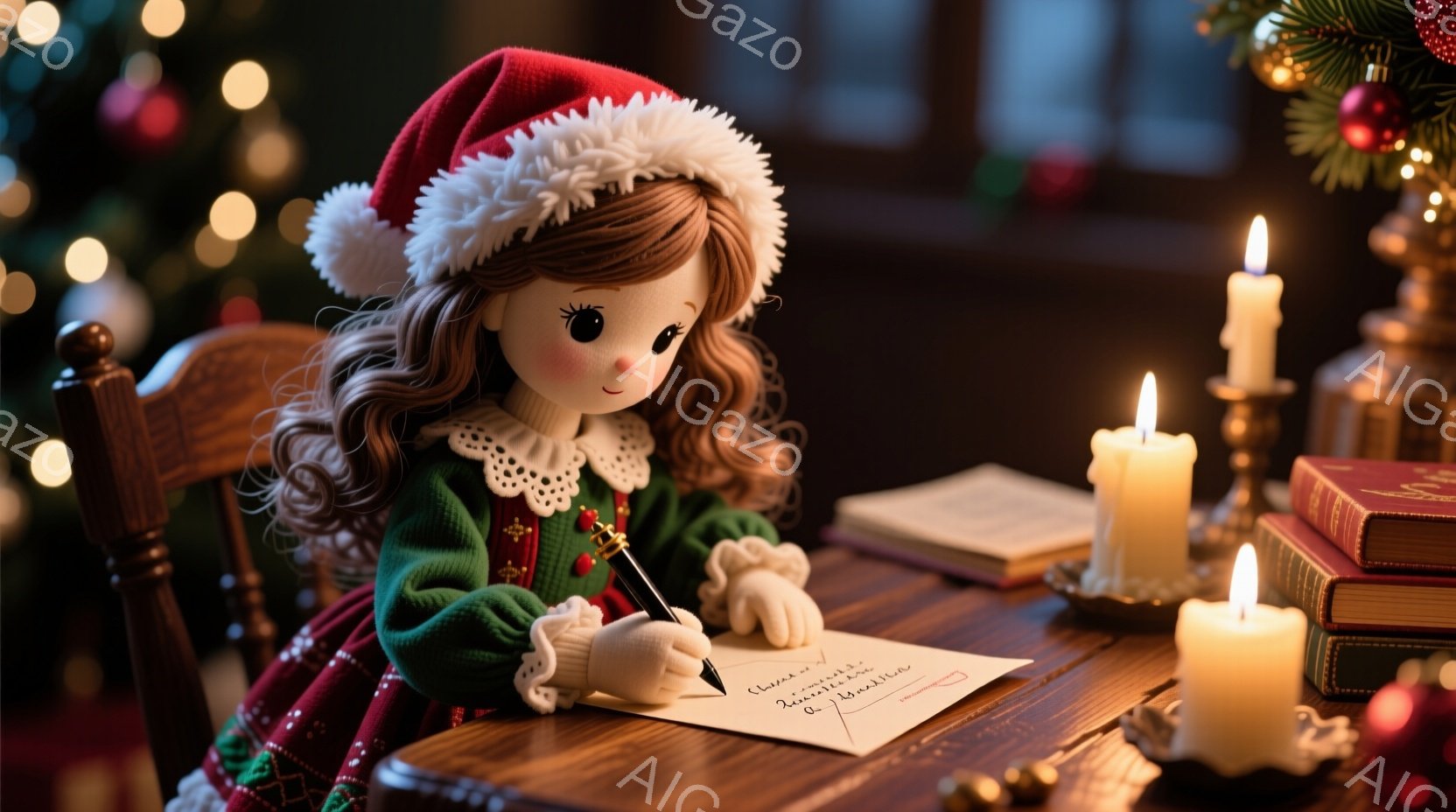 緑色のセーターと赤いサンタ帽を身につけた人形が、木製のテーブルで手紙を書いています。人形は茶色の巻き毛で、少し微笑んでいるように見えます。背景にはぼやけたクリスマスツリーと、テーブルの上に置かれた本と燃えるキャンドルがあり、温かく幻想的なクリスマスの雰囲気を醸し出しています。
