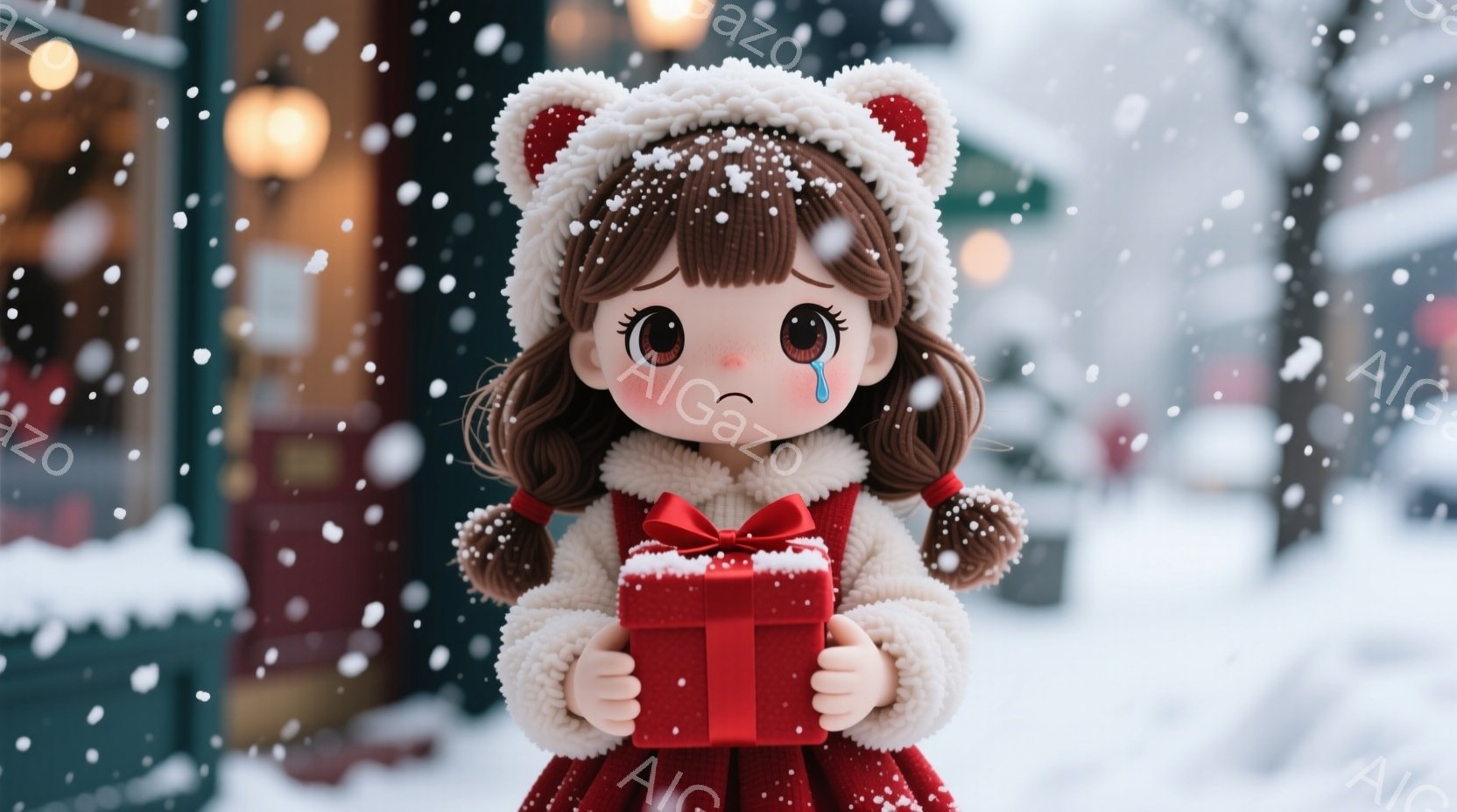明るい赤色のワンピースに白いふわふわのコートを着た少女が、両手に赤いプレゼントボックスを抱えています。彼女は茶色の巻き毛の髪型をしており、大きな目は少し悲しげで涙を浮かべています。背景は雪が降り積もっ - AI生成フリー素材