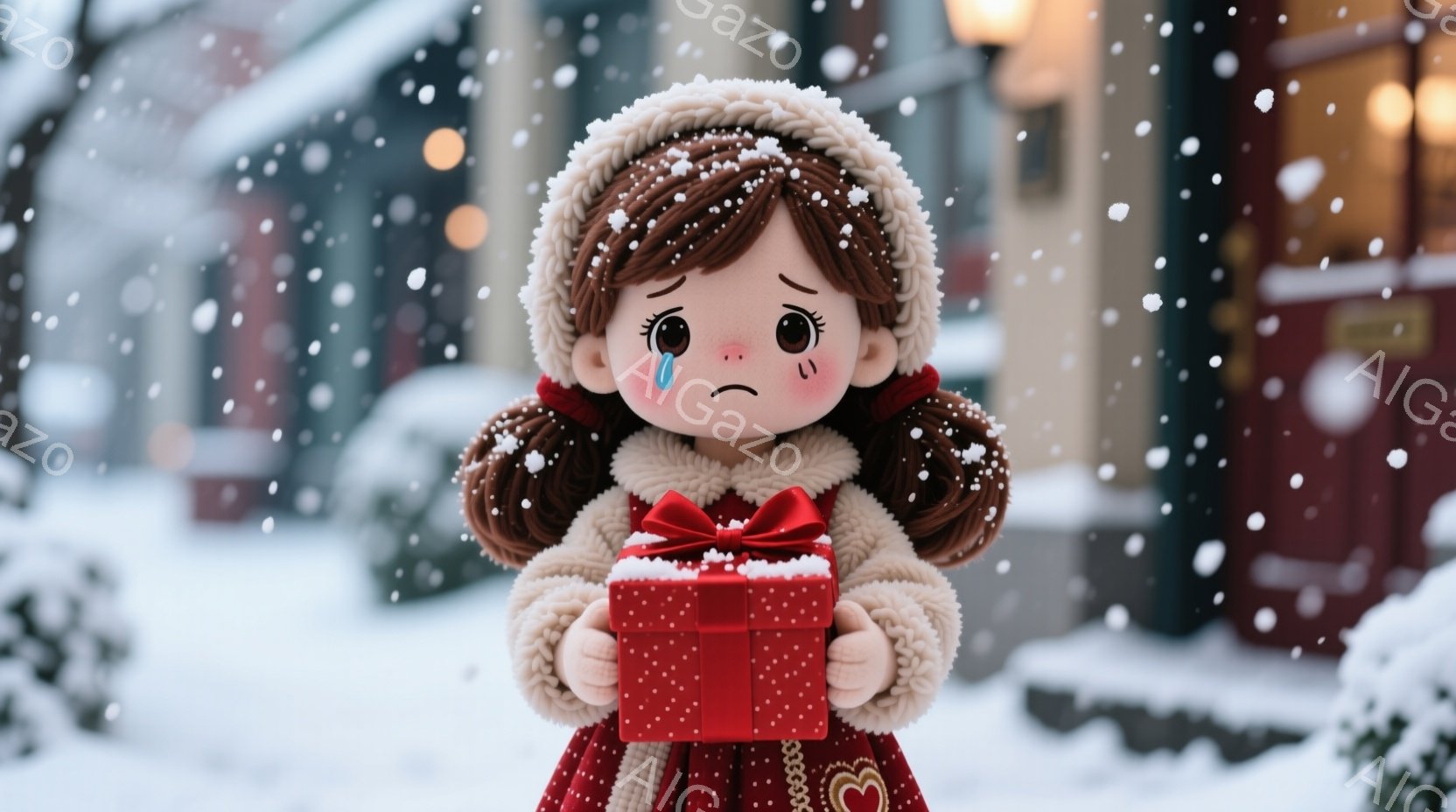 赤いドレスを着た少女が、赤いリボンで飾られたプレゼントを両手で抱えています。彼女は茶色の巻き毛で、悲しそうな表情を浮かべており、頬には涙が光っています。背景には雪が降り積もる街並みが見え、建物はぼんやりと光を放ち、冬の寂しげな雰囲気を醸し出しています。