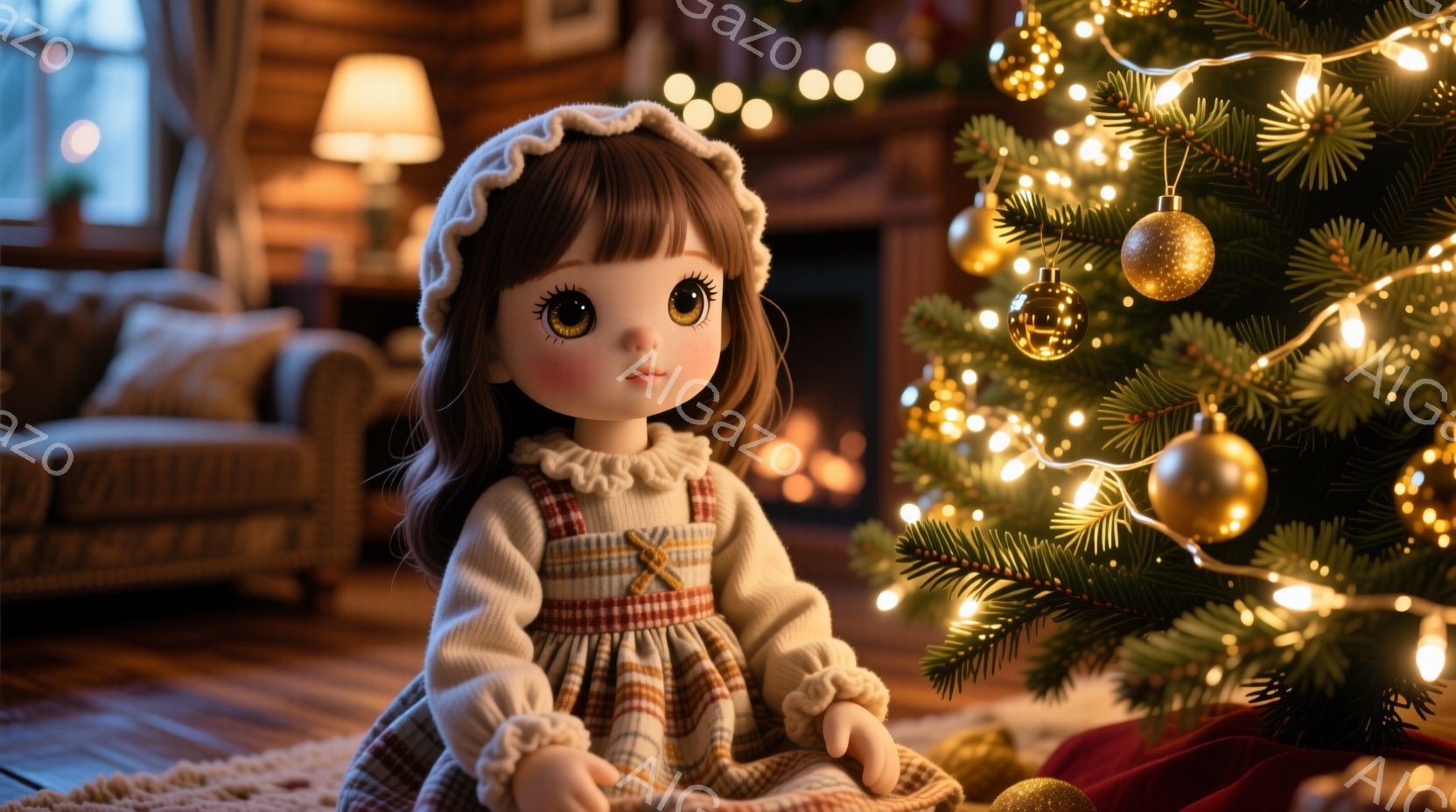 明るい色のチェック柄のワンピースに、淡いピンクの帽子をかぶった少女が座っています。大きな瞳と少し微笑んだ表情が可愛らしく、クリスマスの飾り付けられたクリスマスツリーの近くで、温かく穏やかな雰囲気を醸し出しています。背景には暖炉があり、部屋全体がホリデーシーズンの暖かさと安らぎに満ちています。