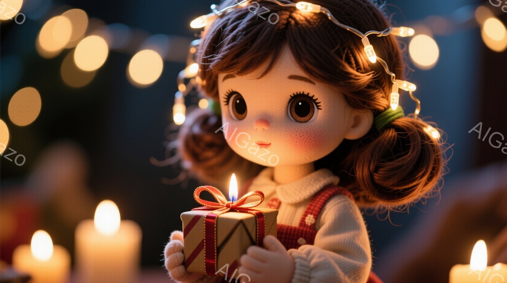 可愛らしい女の子がプレゼントを抱えています。彼女は茶色の巻き毛の髪を2つのポニーテールにし、白いセーターと赤いエプロン姿で、頬には可愛らしいそばかすがあります。背景にはぼんやりとしたキャンドルの光と、キラキラと輝く電飾が暖かく、お祝いムードを醸し出しています。