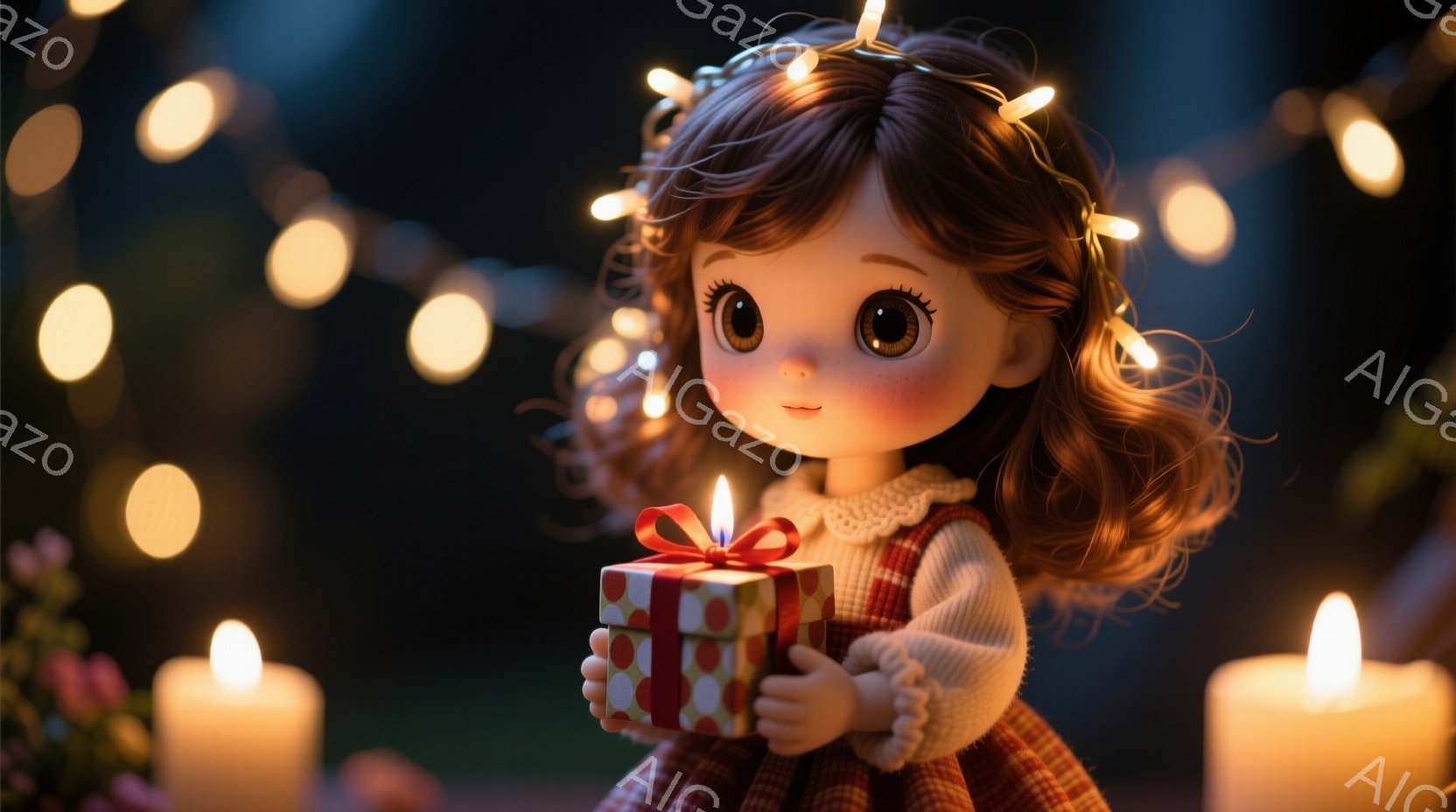 明るい茶色の巻き毛に、白いセーターと赤いギンガムチェックのワンピースを着た少女が、小さな赤いギフトボックスを抱きかかえています。彼女は大きな瞳で微笑み、温かく優しい表情をしています。背景にはぼやけたキ - AI生成フリー素材