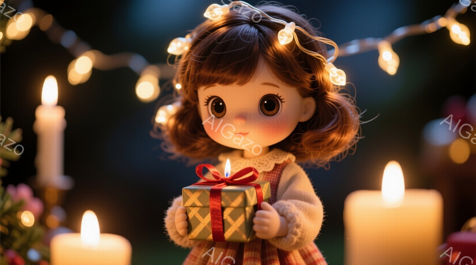 明るい光の背景に、茶色の巻き髪の少女が小さな赤いギフトボックスを持っています。少女は赤いチェックのワンピースを着ており、少し微笑んでいます。背景には、点灯したキャンドルと光のストリングがあり、暖かくお - AI生成フリー素材