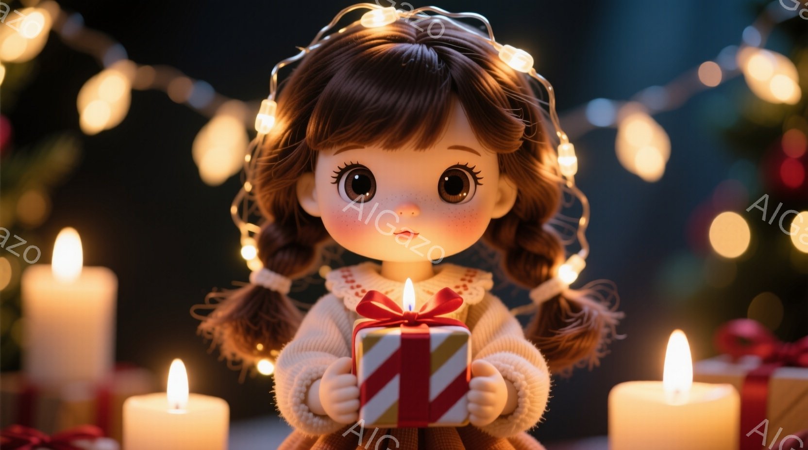 可愛らしい少女が、赤いリボンで飾られた小さなプレゼントを両手で抱えています。彼女は茶色の巻き毛の髪をポニーテールにし、大きな瞳と柔らかな表情で、まるで人形のような愛らしさです。背景には、ぼんやりとクリ - AI生成フリー素材