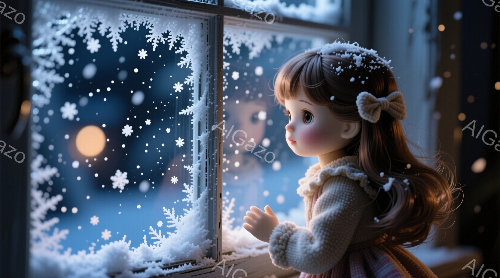 茶髪の少女が窓際に立っており、大きな瞳で外を見つめている。彼女は赤いドレスに白いニットのカーディガンを着ており、髪には白いリボンが付いている。窓の外は雪景色で、遠くにはぼんやりとした光が見え、静かで幻 - AI生成フリー素材