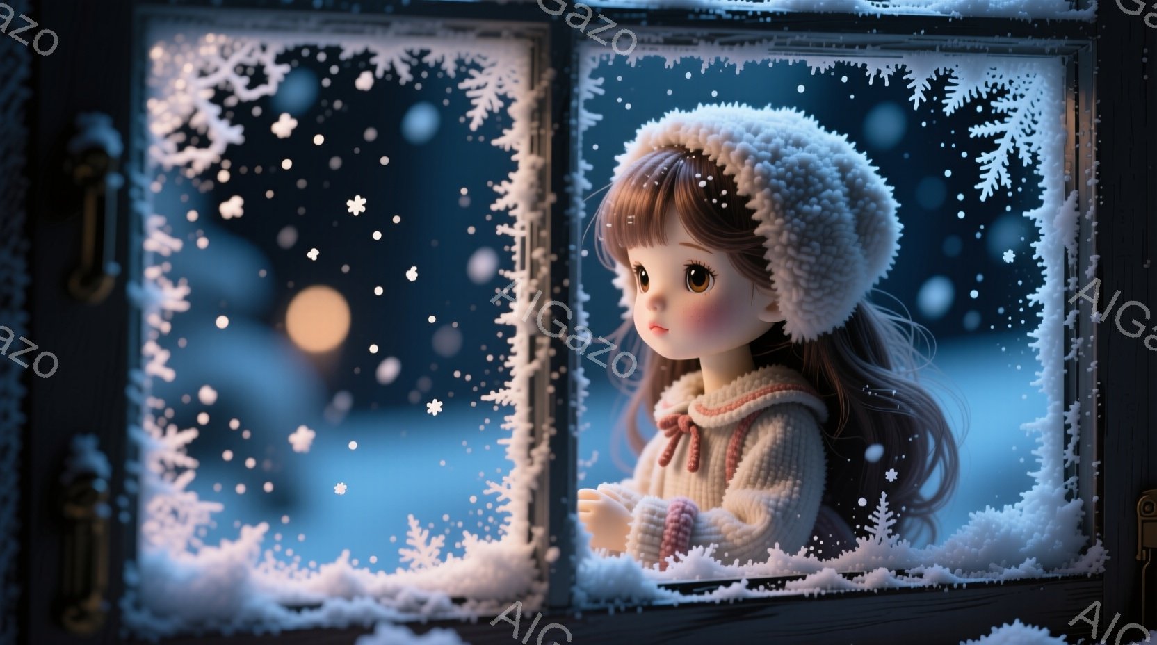 雪が降る夜、窓辺に立つ少女が描かれています。彼女は白いニット帽を被り、淡いピンクのセーターを着ており、長い茶色の髪が肩にかかっています。背景にはぼやけた街並みと光る光が見え、静かで幻想的な雰囲気を醸し - AI生成フリー素材