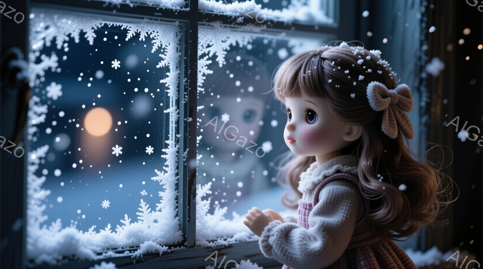 茶色の巻き毛にピンクのリボンをつけた少女が、雪で覆われた窓の外を見つめている。赤いチェックのワンピースに白いセーターを着ており、物憂げな表情をしている。背景にはぼやけた街並みと、降り積もる雪が見え、冬 - AI生成フリー素材