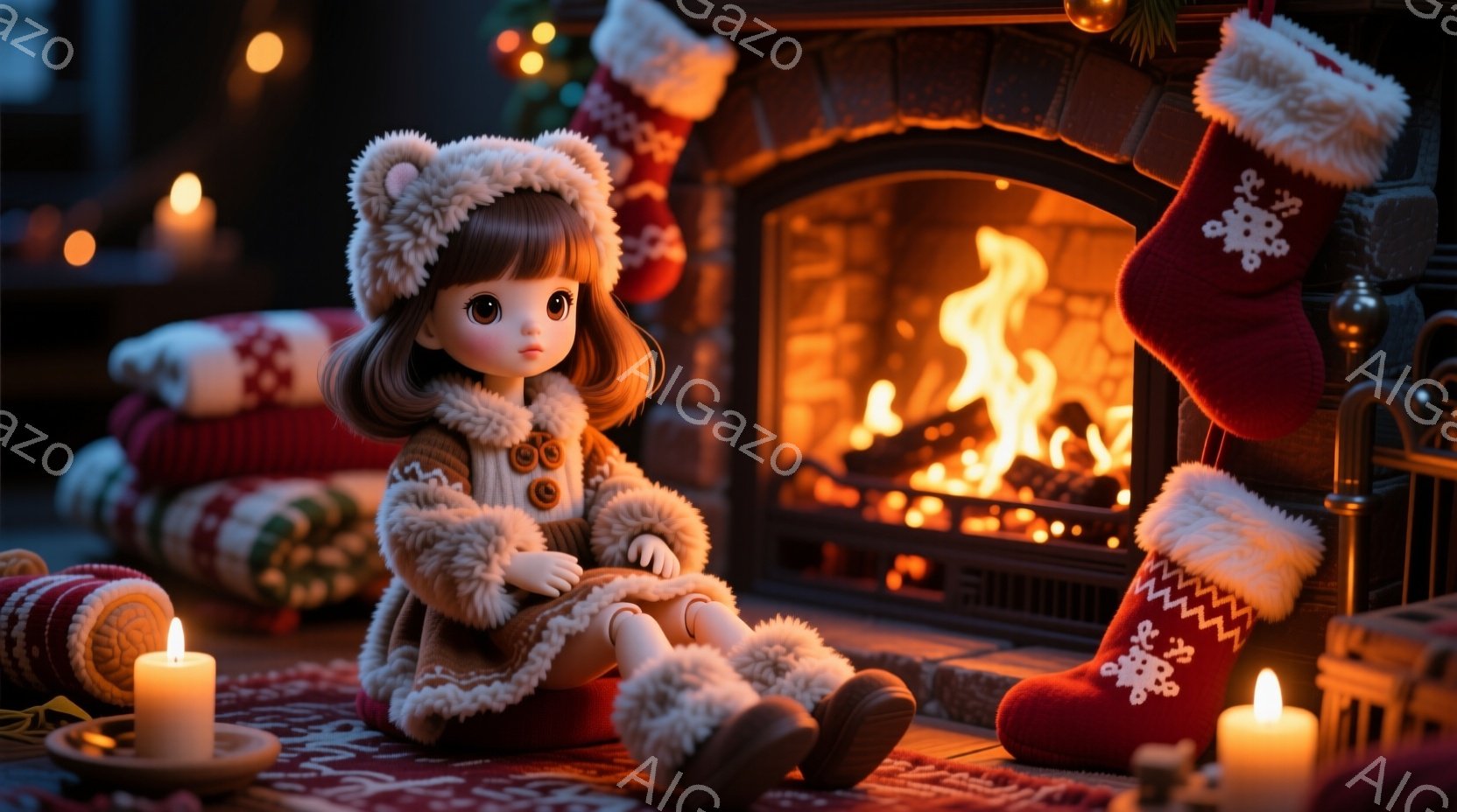 茶色の巻き毛の髪に可愛らしい帽子をかぶった人形が、ベージュ色のファーコートとブーツを身につけて床に座っています。暖炉の火が暖かく照らし、背景にはクリスマスストッキングが飾られています。全体的に、温かく、居心地の良いクリスマスの雰囲気が漂っています。
