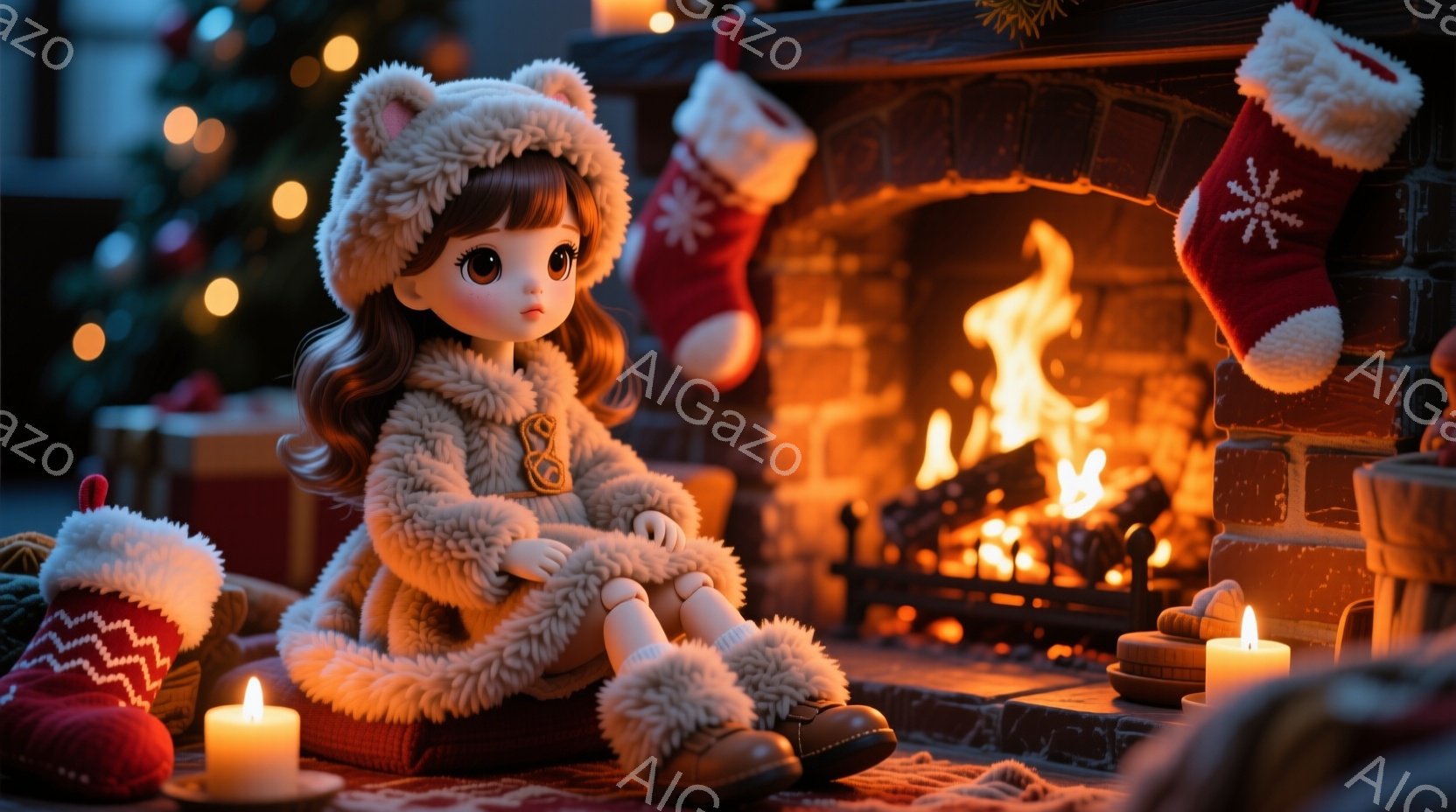 温かみのある暖炉の前で、茶色の巻き毛の髪に白い帽子をかぶった人形が座っています。白いファーのコートとブーツを身に着け、膝を抱えて少し物憂げな表情を浮かべています。背景には、クリスマスソックスが飾られたレンガの暖炉、ちらつくキャンドル、ぼんやりとしたクリスマスツリーの光があり、クリスマスの温かく穏やかな雰囲気を醸し出しています。