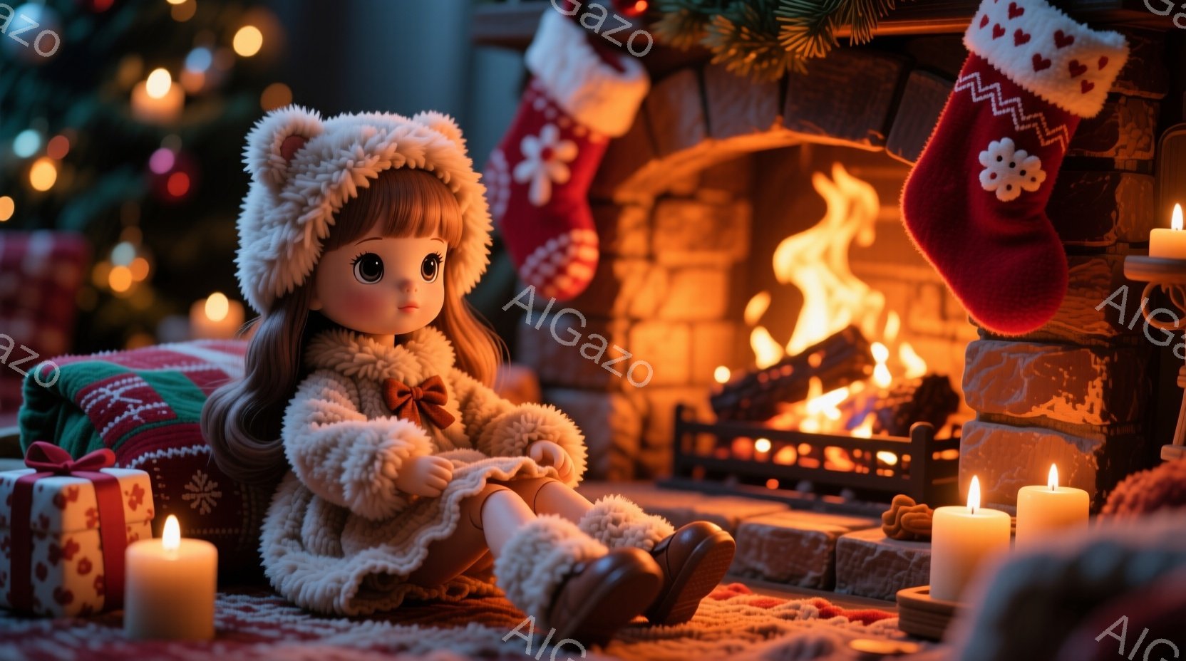 暖炉のそばに座る人形が写っています。人形はふわふわの白いコートと帽子を身に着け、茶色の髪はゆるく巻かれています。背景にはクリスマスツリー、プレゼント、キャンドルが置かれ、暖かく穏やかなクリスマスの雰囲 - AI生成フリー素材
