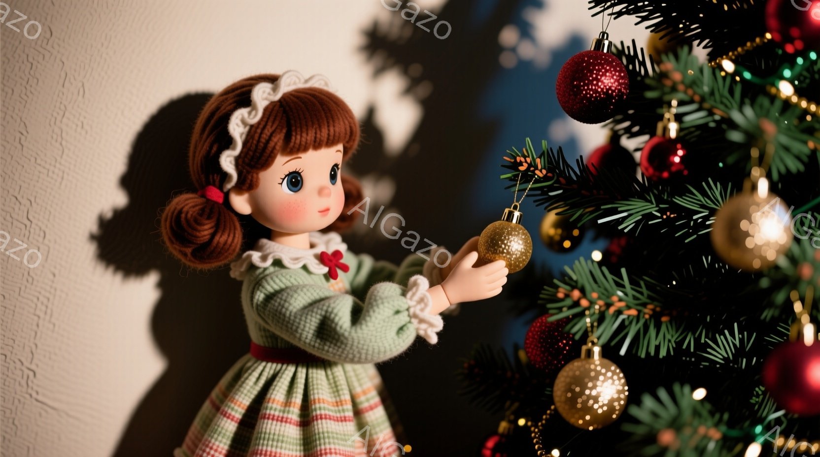 赤毛を二つ結びにした少女が、クリスマスツリーの飾り付けをしている写真です。淡い緑色のセーターとチェックのスカートを着ており、つややかな金のオーナメントを手に持ち、ツリーに飾ろうとしています。背景は暗く、オーナメントが光り輝き、暖かく、可愛らしい雰囲気を醸し出しています。