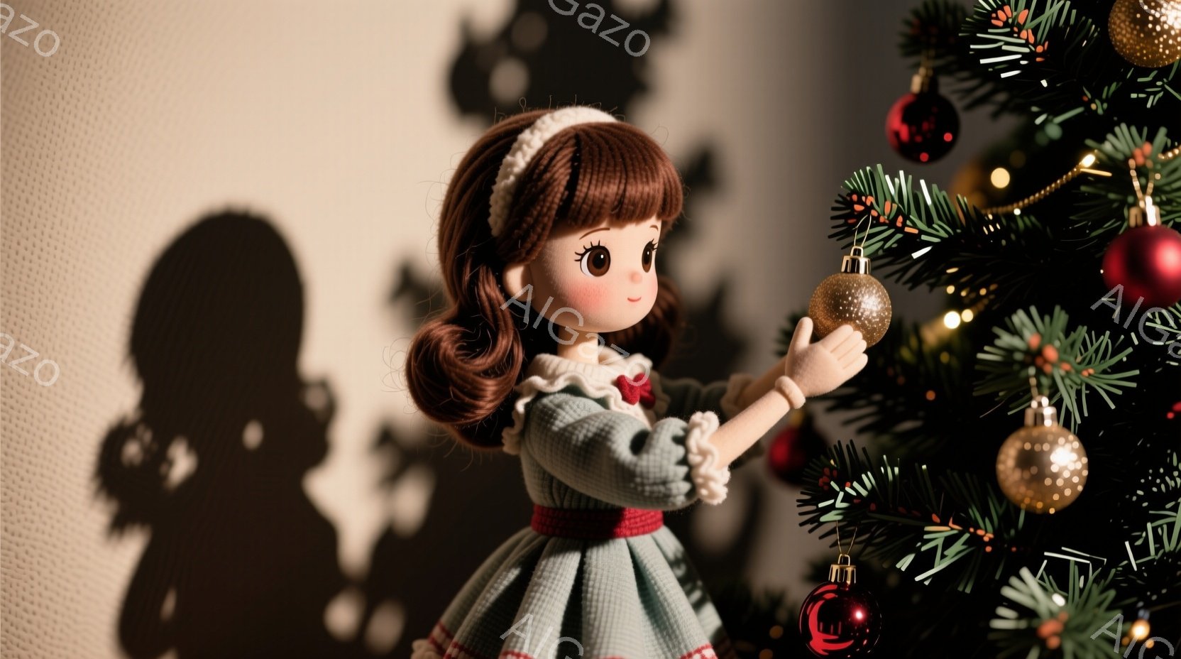 茶色の巻き髪に白いヘッドバンドをつけた少女が、クリスマスツリーの飾り付けをしている。緑のワンピースに赤いリボンが結ばれており、ツリーの枝に金色のオーナメントを取り付けようとしている。背景はクリーム色の - AI生成フリー素材