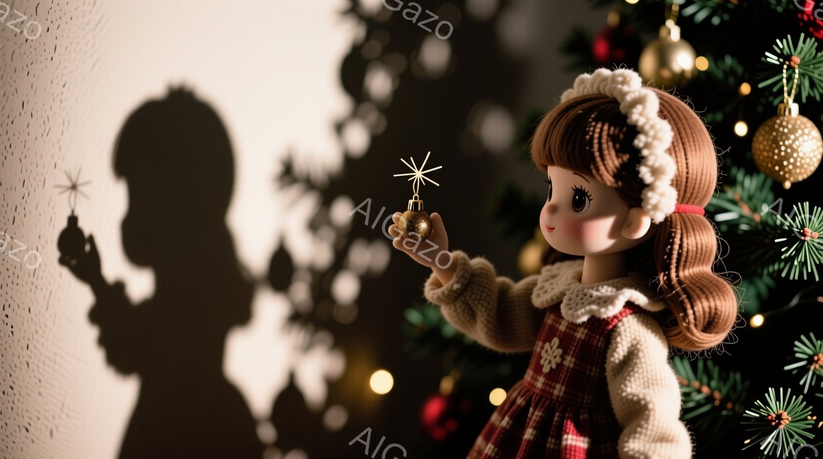赤毛で巻き髪の少女が、赤い格子柄のワンピースとクリーム色のニットセーターを着て、金色のオーナメントを手に持っています。背景にはクリスマスツリーがぼやけており、壁には少女の影が映っています。温かく、幻想 - AI生成フリー素材