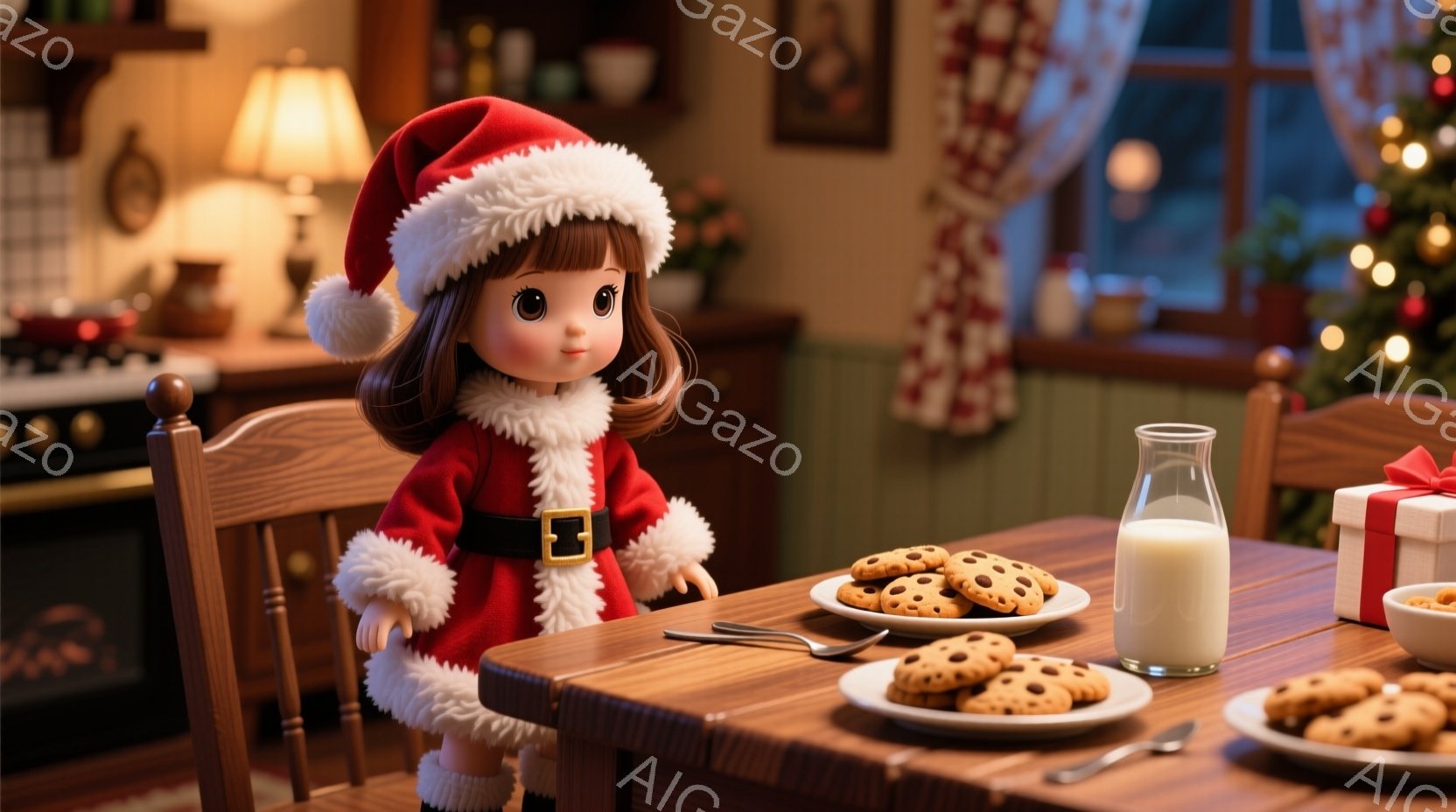 温かい光に包まれた室内で、赤いサンタの衣装を着た少女がダイニングテーブルを囲んでいます。ふさふさとした白い毛皮の縁取りと帽子が可愛らしく、テーブルの上にはクッキーと牛乳が並べられています。背景には暖炉やクリスマスツリーが見え、冬の夜の温かく穏やかな雰囲気が漂っています。
