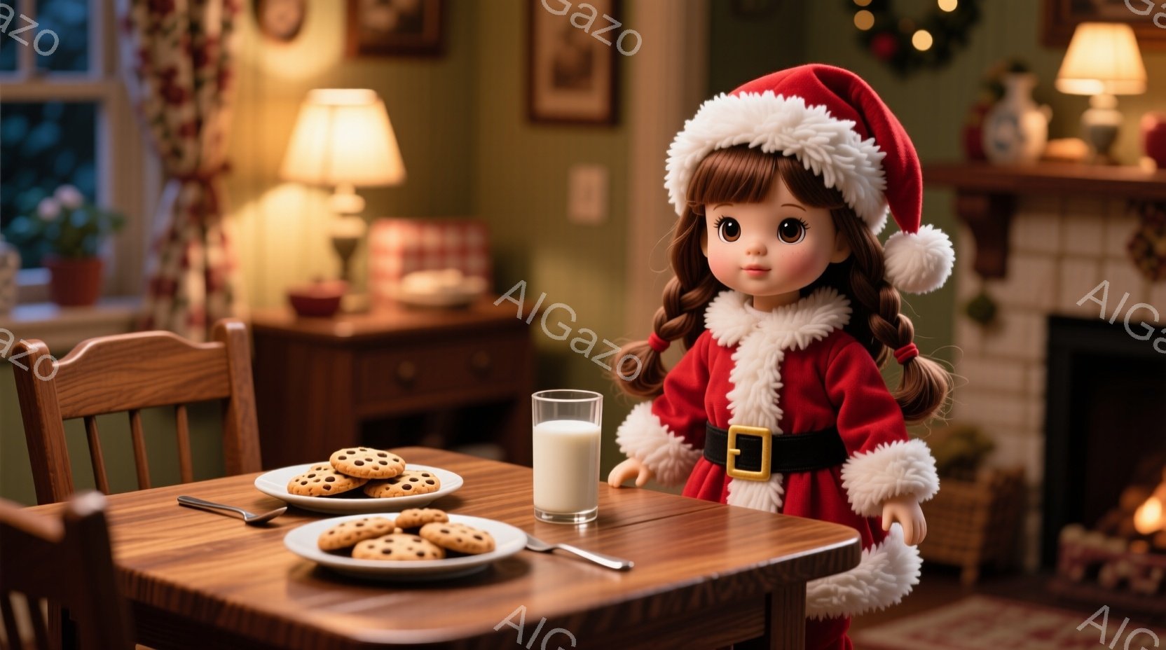 温かい光に包まれた室内で、赤いサンタの衣装を着た女の子が立っています。彼女は茶色のツインテールで、顔には微笑みが浮かんでいます。テーブルの上にはクッキーとグラスに入った牛乳が置かれており、背景には暖炉やクリスマス装飾が見え、家庭的な温かい雰囲気が漂っています。