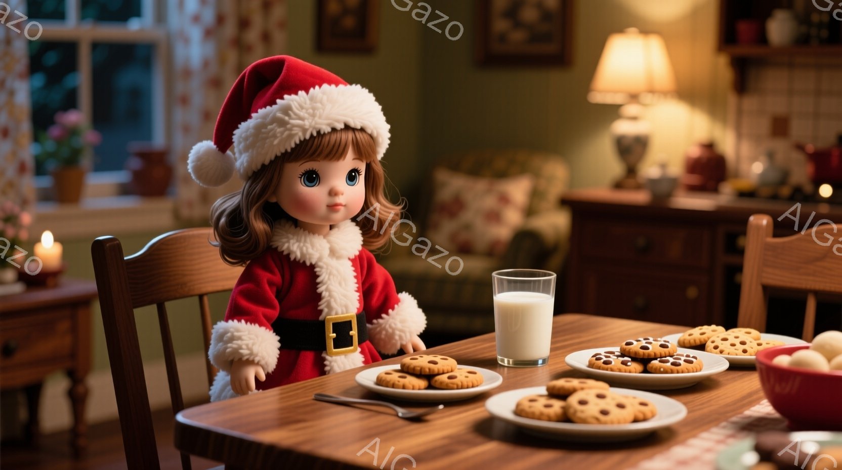 赤いサンタの衣装を着た人形がダイニングテーブルに座っており、頭には白い毛皮の縁取りのある帽子をかぶっています。テーブルの上には、クッキーが盛られたお皿と牛乳の入ったグラスがあり、人形は片手をテーブルに添えています。背景には暖炉、絵画、家具が見え、全体的に温かく居心地の良いクリスマスの雰囲気が漂っています。